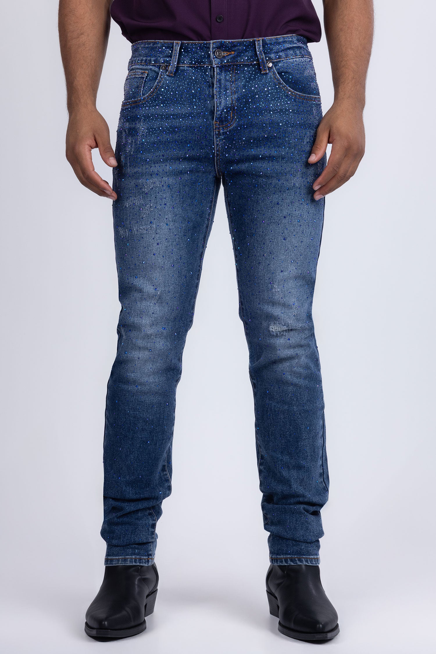 Barabas Men's Rhinestone Ripped Denim Washed Stretch Jeans 5JES02 Blue