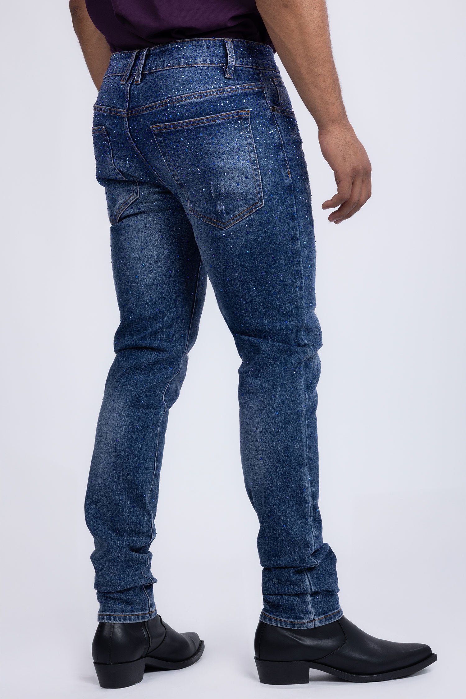 Barabas Men's Rhinestone Ripped Denim Washed Stretch Jeans 5JES02 Blue