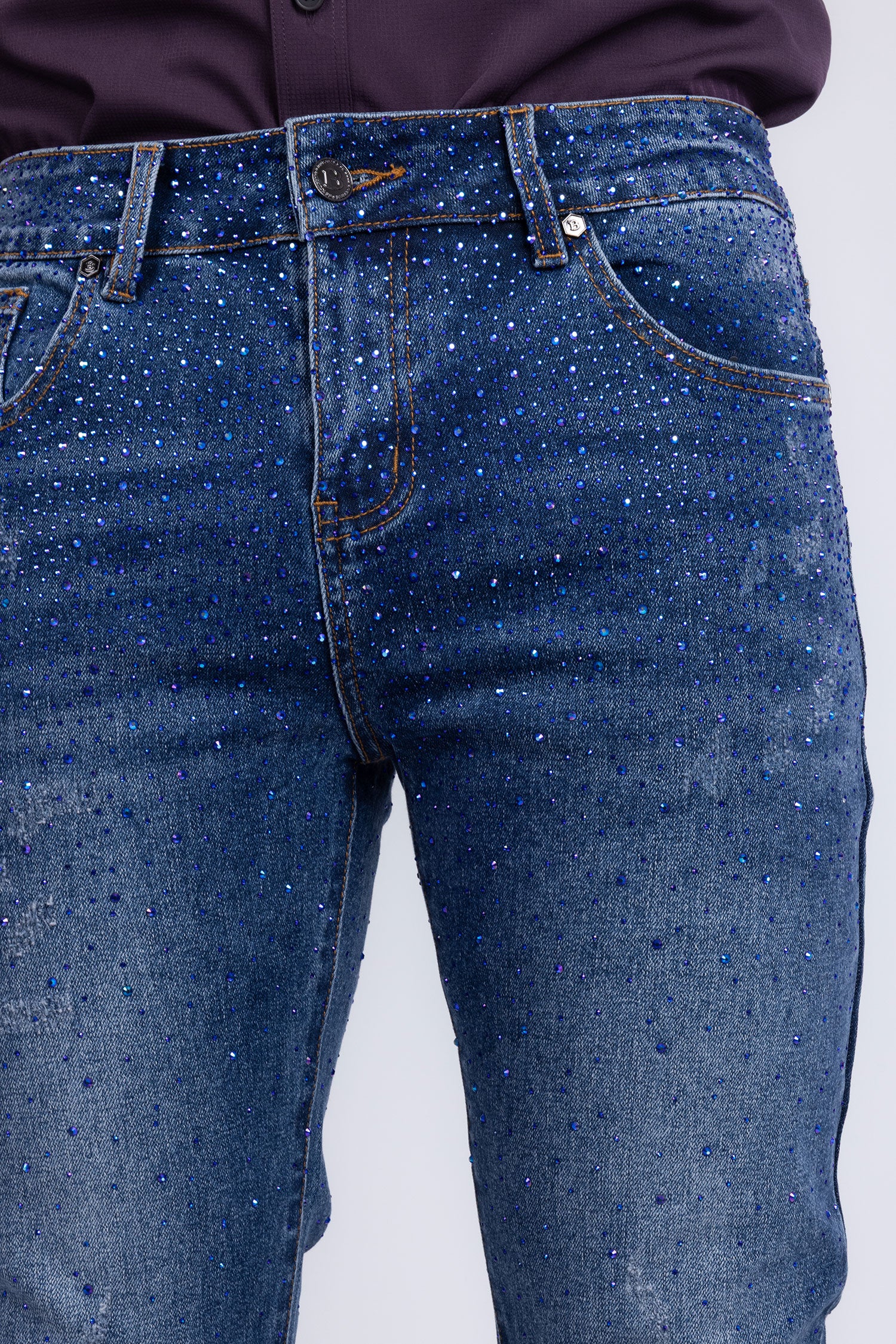 Barabas Men's Rhinestone Ripped Denim Washed Stretch Jeans 5JES02 Blue