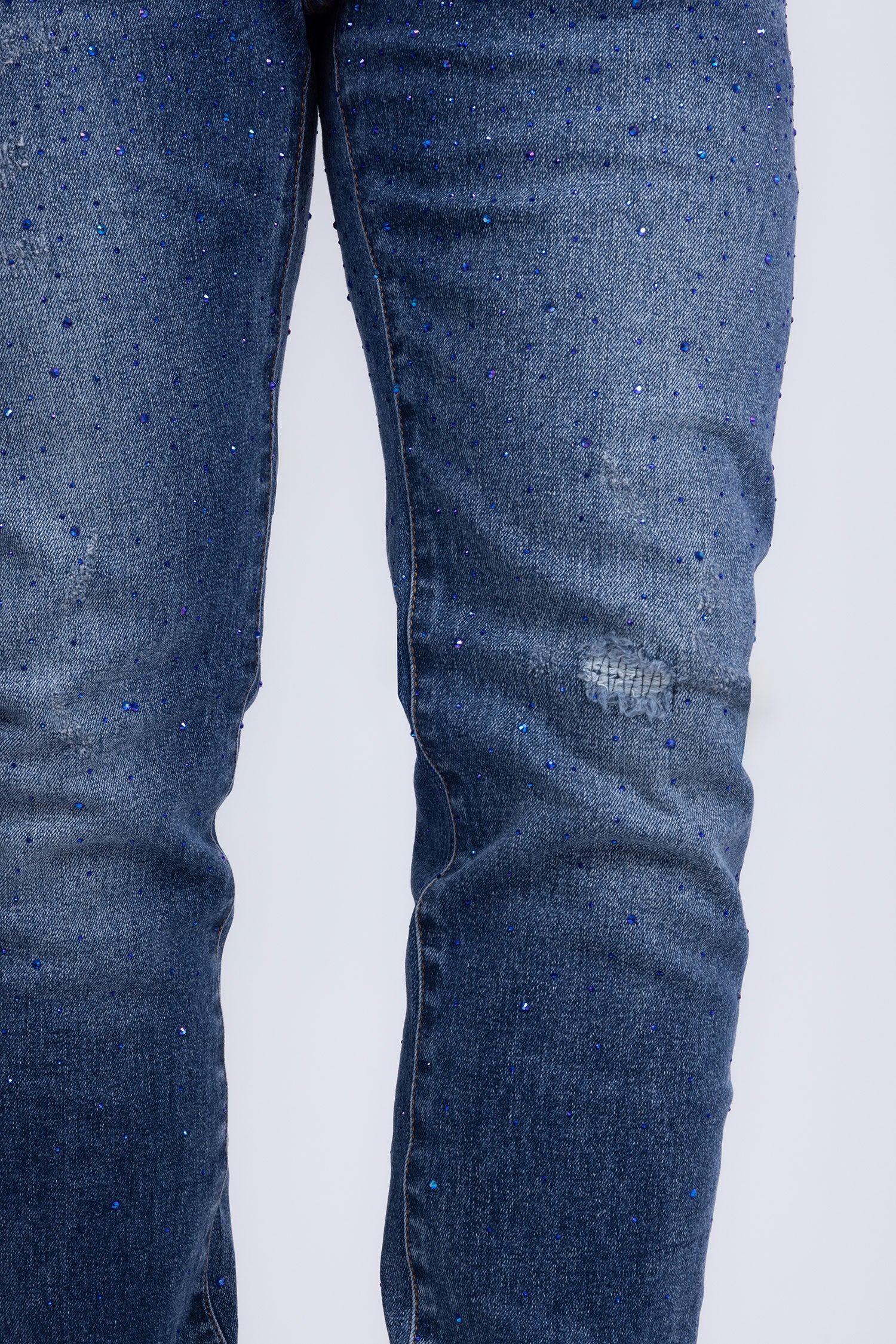 Barabas Men's Rhinestone Ripped Denim Washed Stretch Jeans 5JES02 Blue