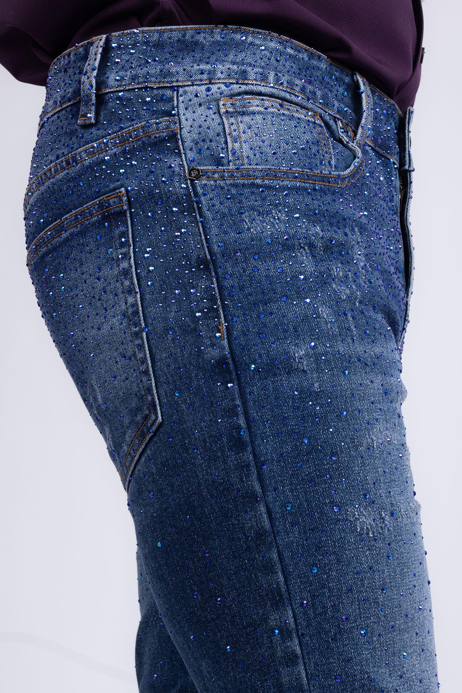 Barabas Men's Rhinestone Ripped Denim Washed Stretch Jeans 5JES02 Blue