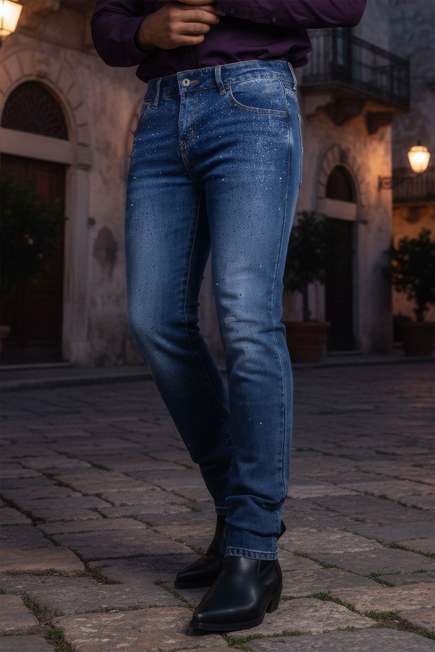 Barabas Men's Rhinestone Ripped Denim Washed Stretch Jeans 5JES02 Blue