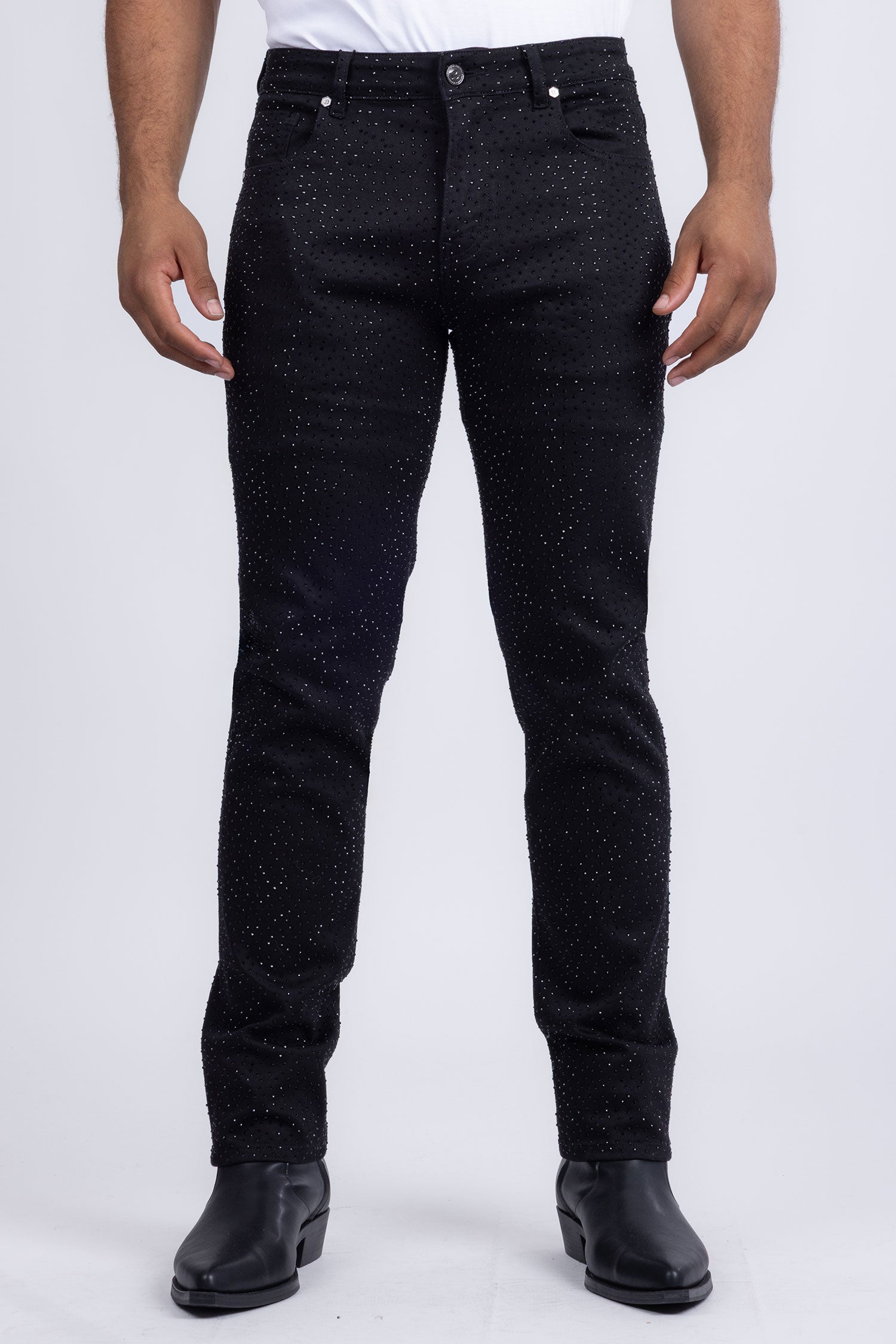 Barabas Men's Rhinestone Ripped Denim Stretch Jeans 5JES03 Black Silver