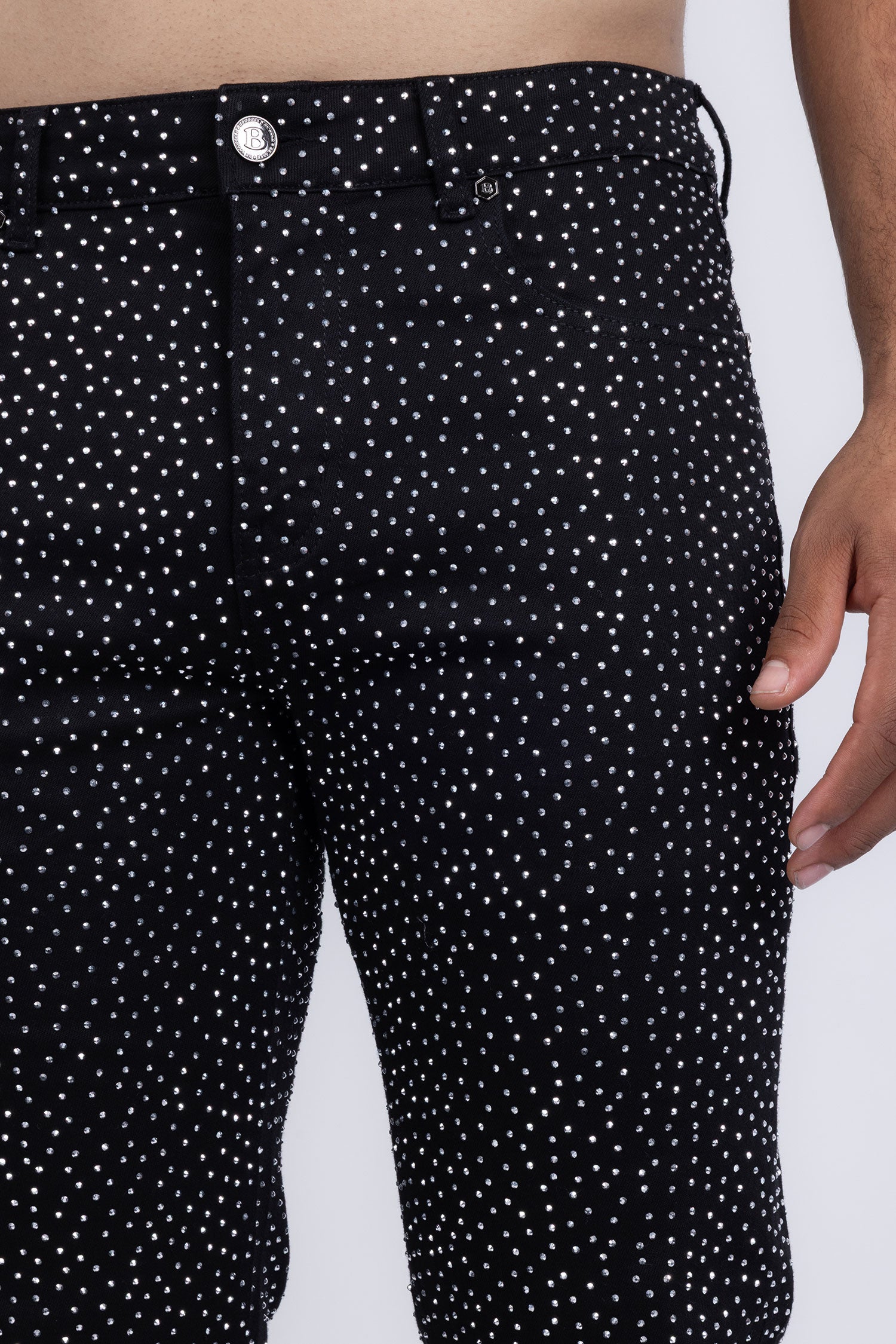 Barabas Men's Rhinestone Ripped Denim Stretch Jeans 5JES03 Black Silver