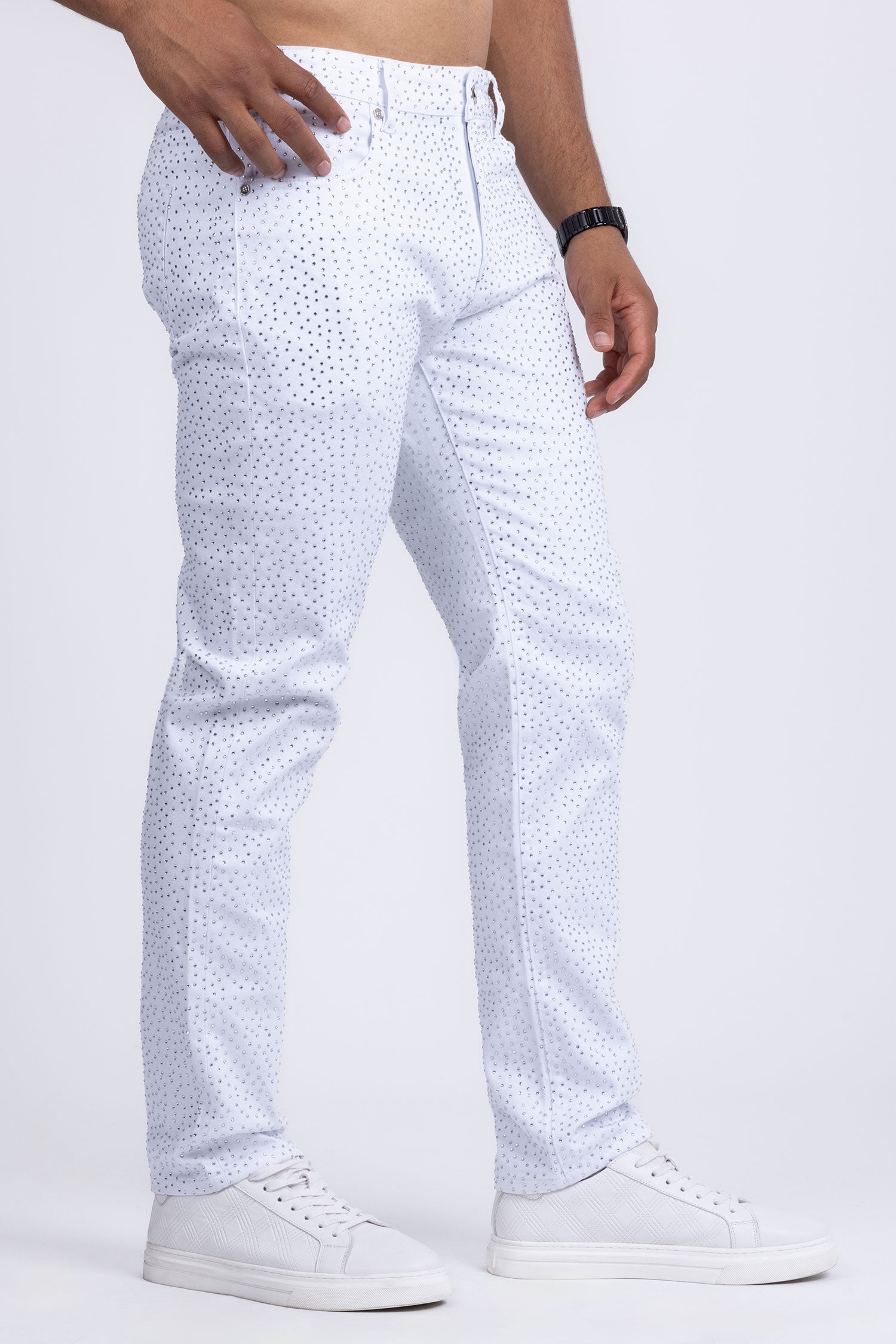 Barabas Men's Rhinestone Ripped Denim Stretch Jeans 5JES03 White 