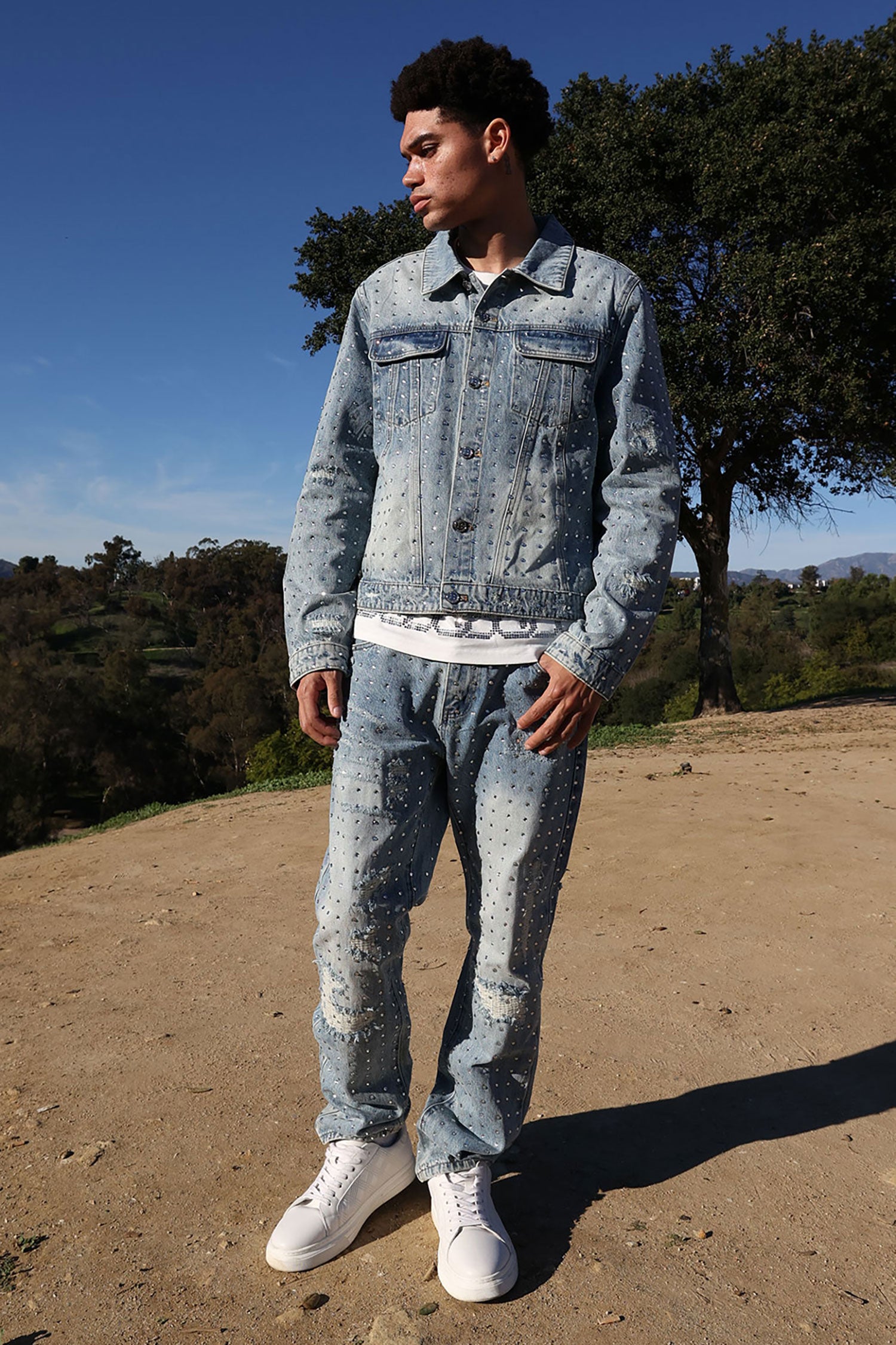 Barabas Men's Rhinestone Denim Casual Washed Jeans 5JES01 Light Blue