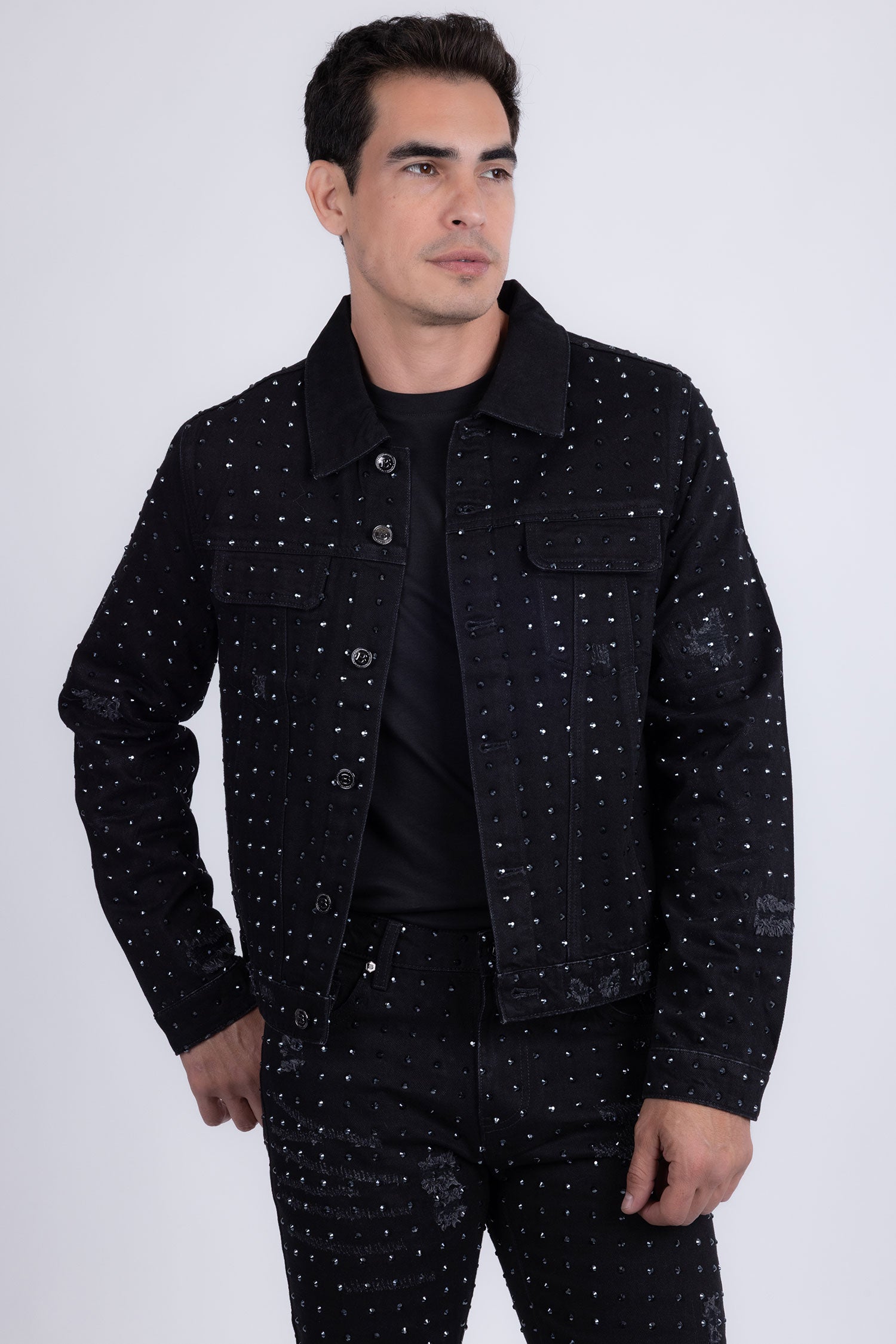 Barabas Men's Rhinestone Denim Casual Ripped Luxury Jacket 5JVS01 Black