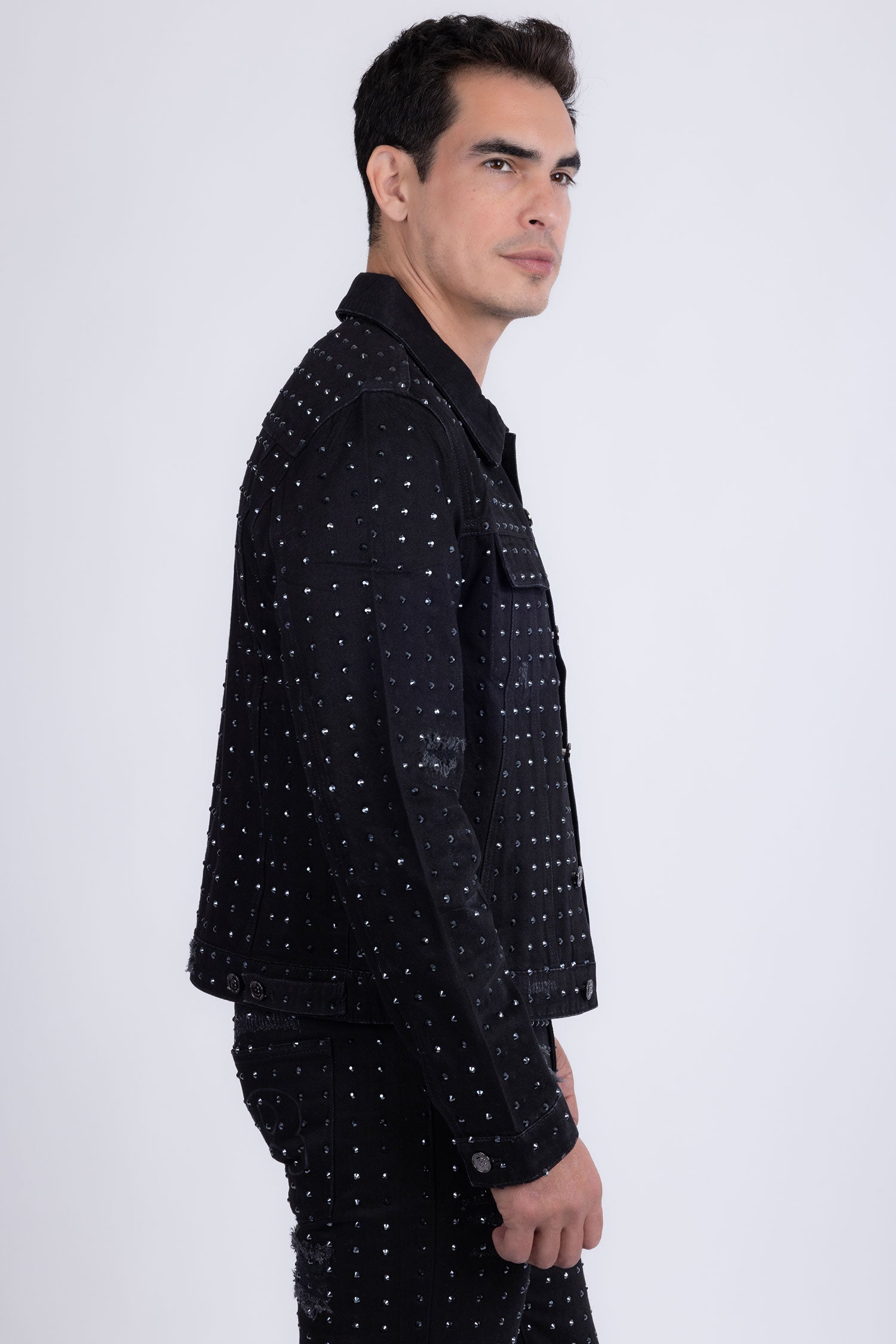 Barabas Men's Rhinestone Denim Casual Ripped Luxury Jacket 5JVS01 Black