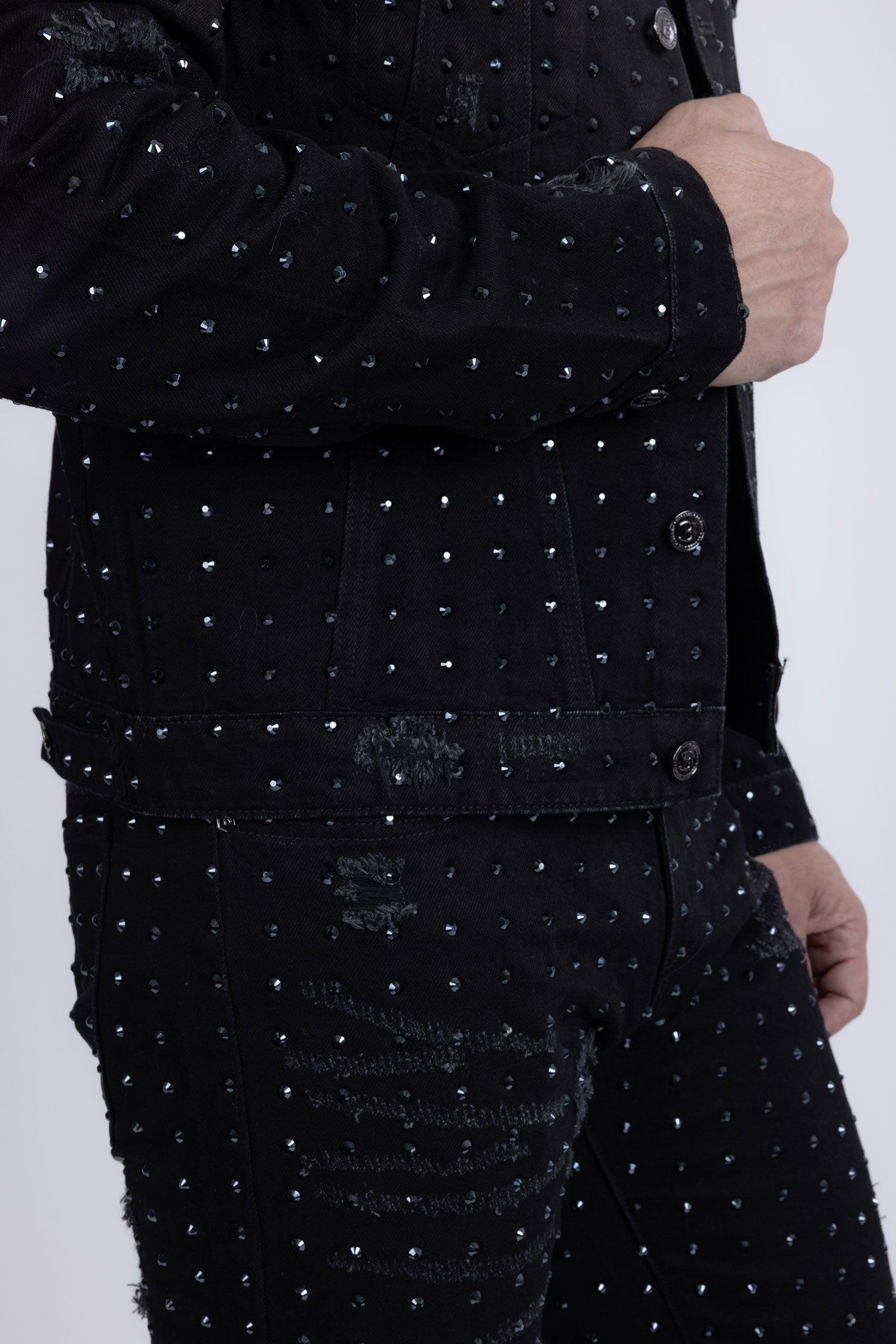Barabas Men's Rhinestone Denim Casual Ripped Luxury Jacket 5JVS01 Black
