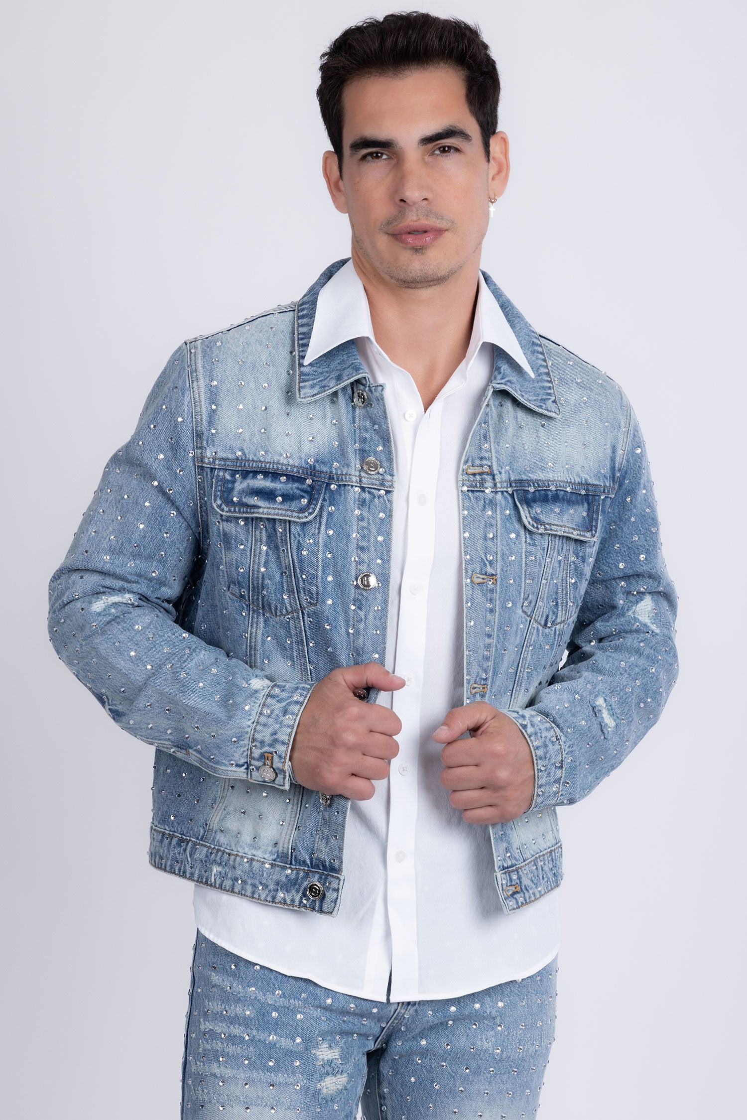 Barabas Men's Rhinestone Denim Casual Ripped Luxury Jacket 5JVS01 Light Blue