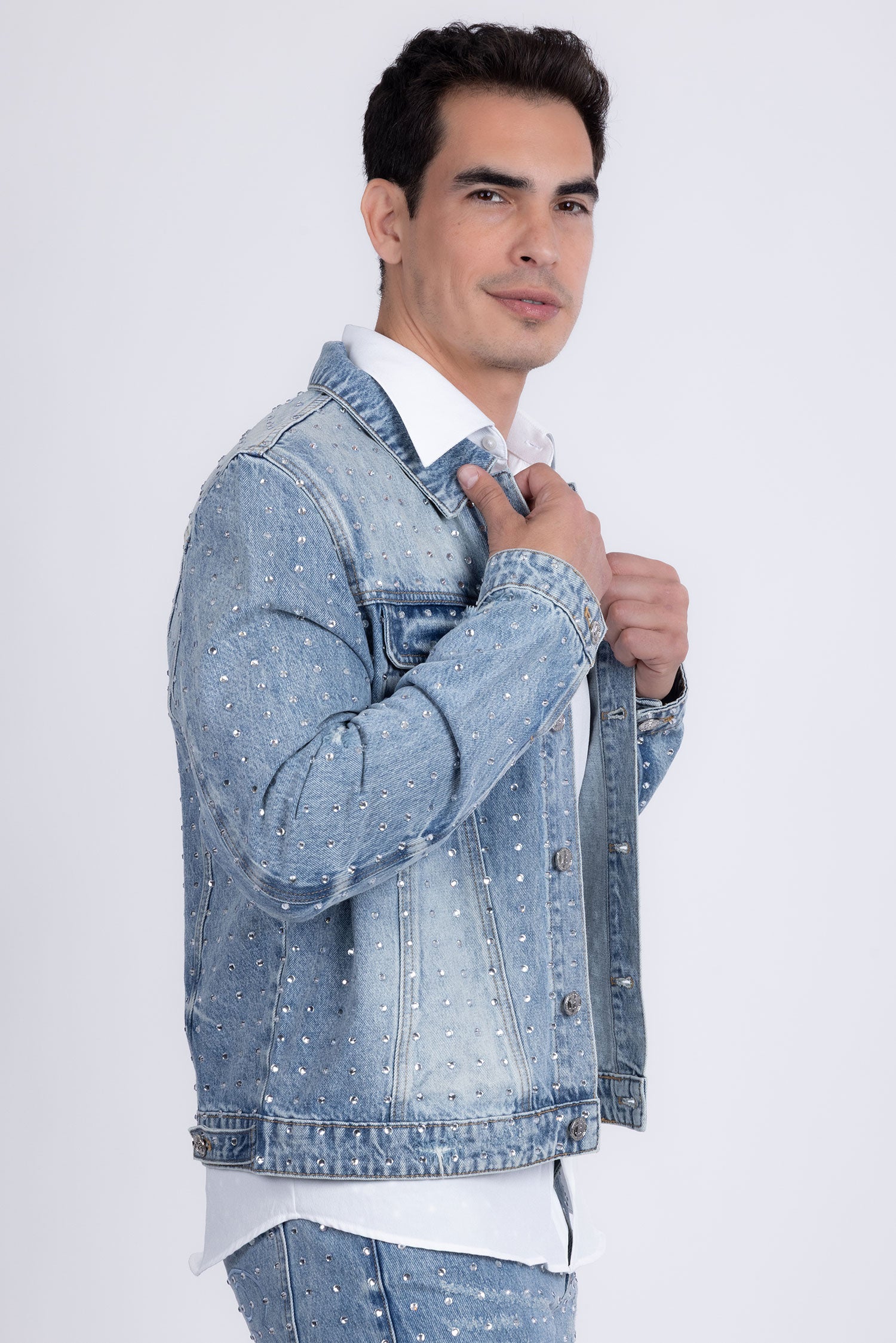 Barabas Men's Rhinestone Denim Casual Ripped Luxury Jacket 5JVS01 Light Blue