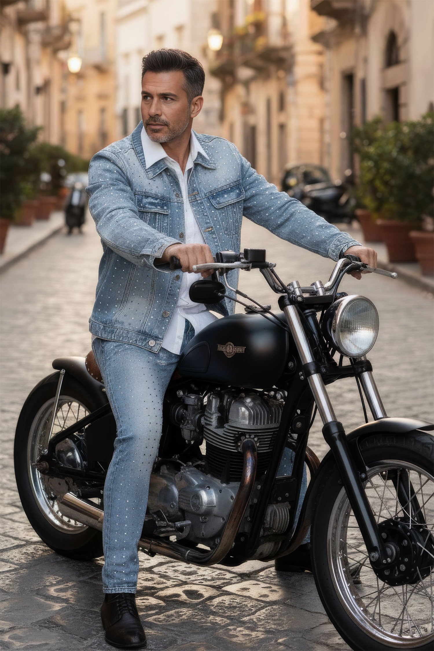 Barabas Men's Rhinestone Denim Casual Ripped Luxury Jacket 5JVS01 Light Blue