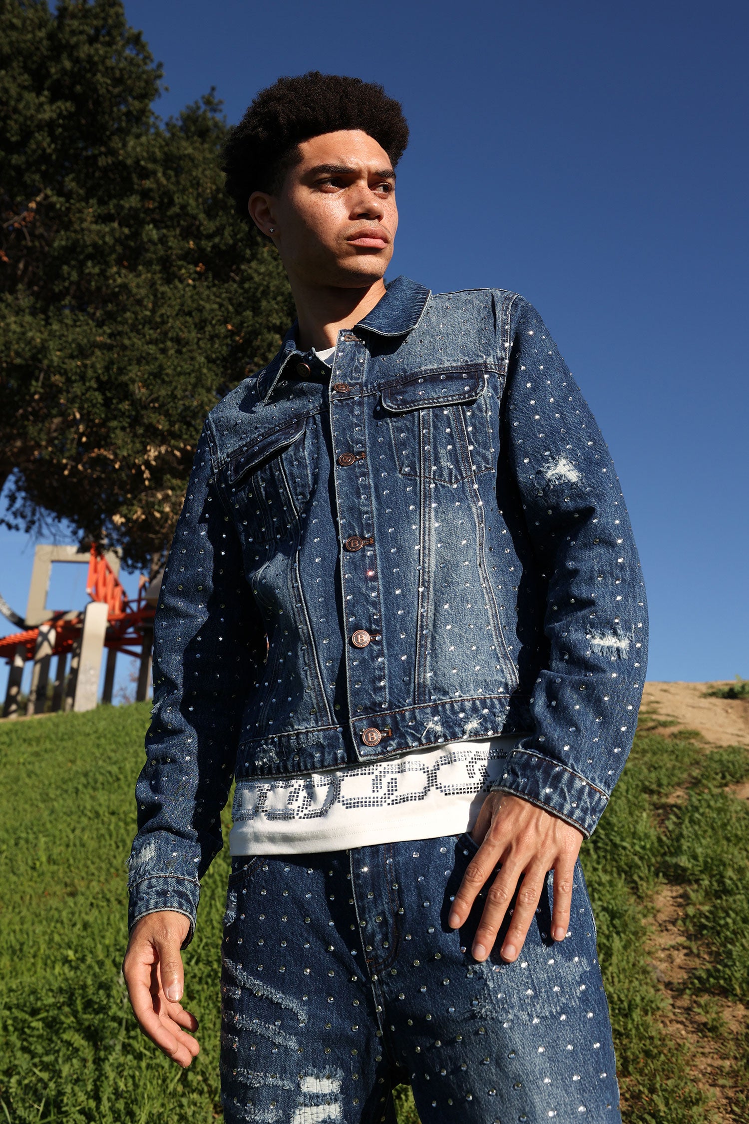 Barabas Men's Rhinestone Denim Casual Ripped Luxury Jacket 5JVS01 Dark Blue