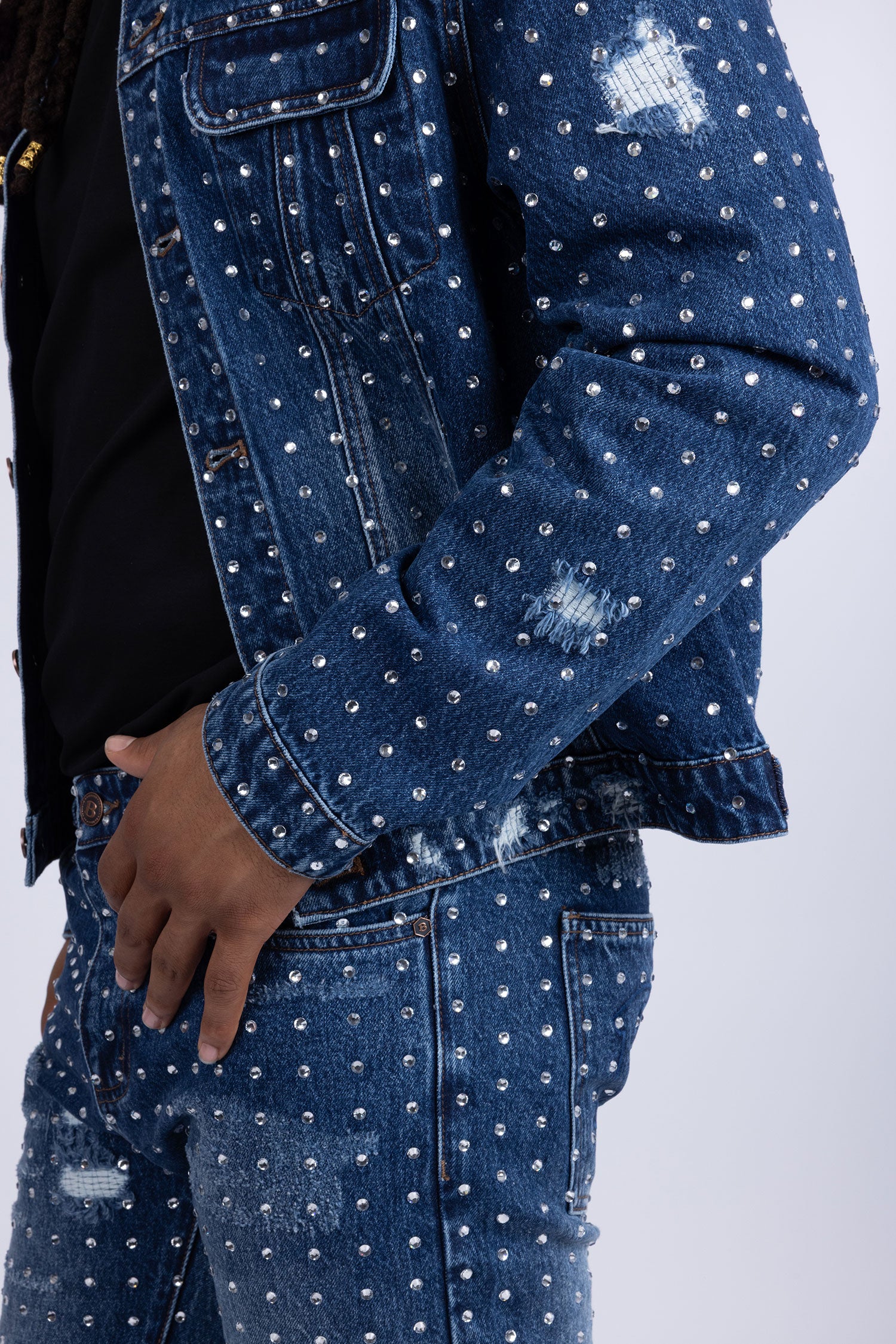 Barabas Men's Rhinestone Denim Casual Ripped Luxury Jacket 5JVS01 Dark Blue