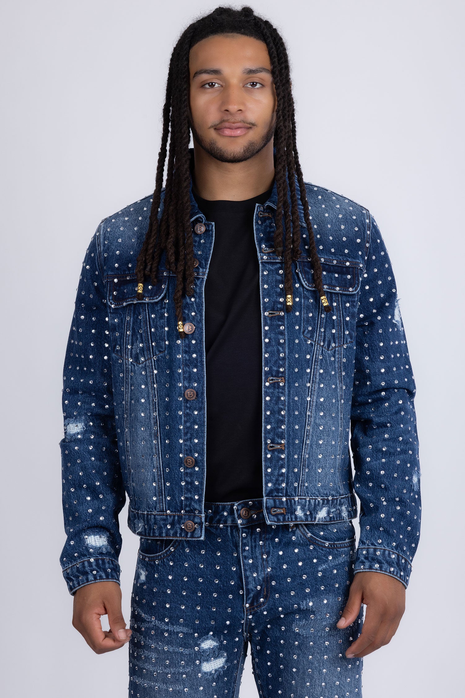 Barabas Men's Rhinestone Denim Casual Ripped Luxury Jacket 5JVS01 Dark Blue