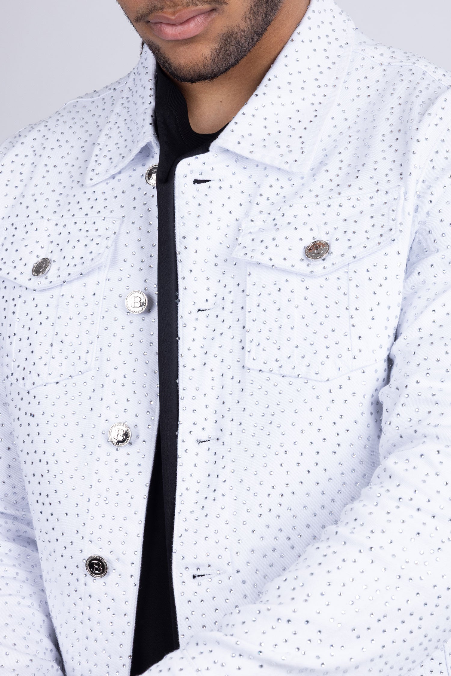 Barabas Men's Rhinestone Denim Casual Luxury Jacket 5JVS03 White Silver