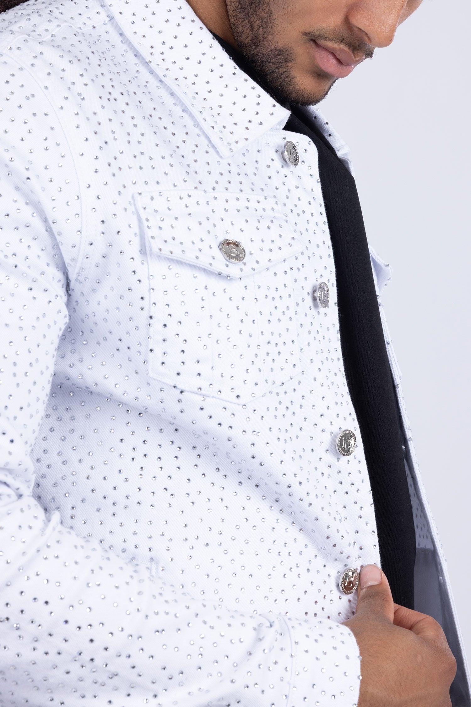 Barabas Men's Rhinestone Denim Casual Luxury Jacket 5JVS03 White Silver