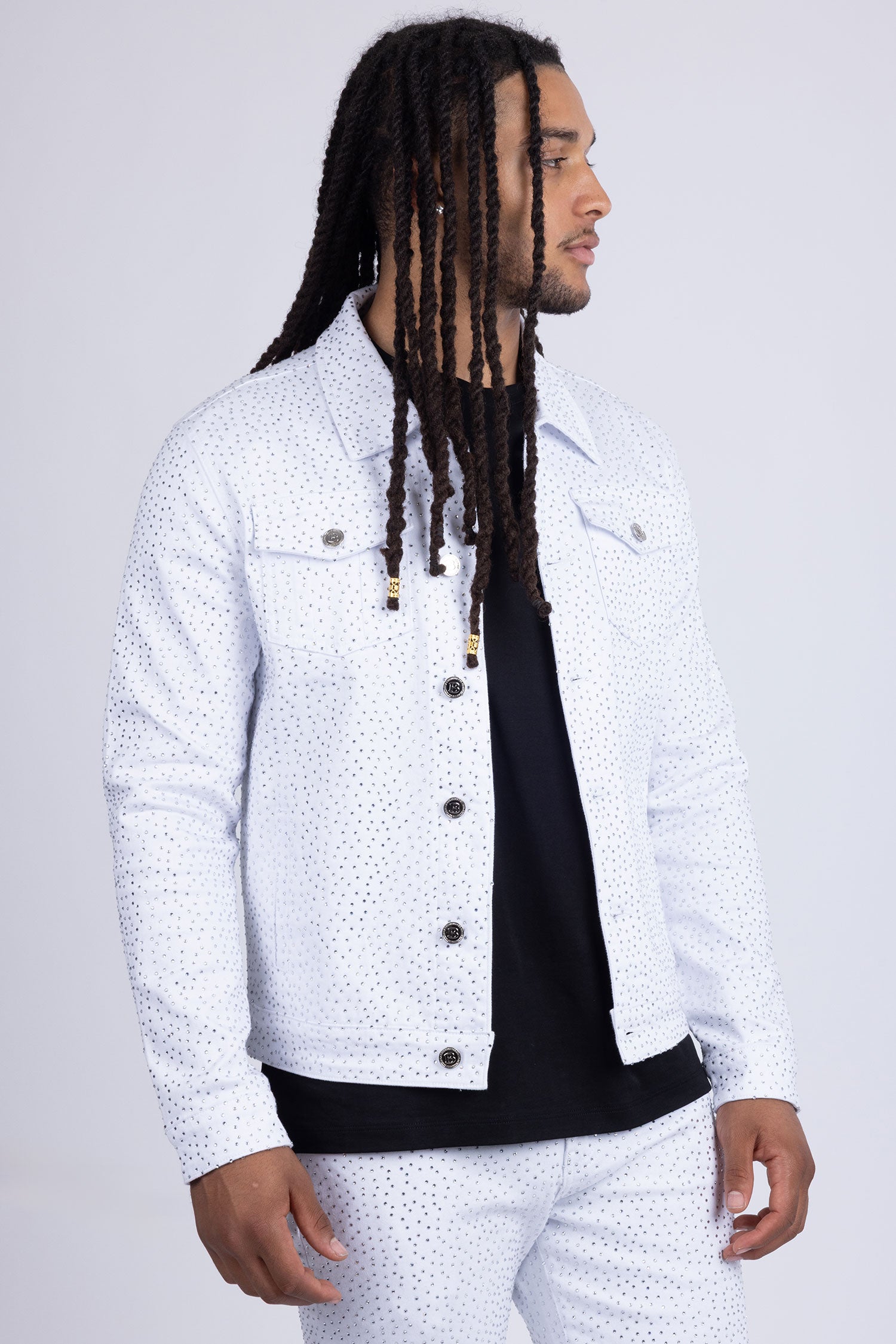 Barabas Men's Rhinestone Denim Casual Luxury Jacket 5JVS03 White Silver