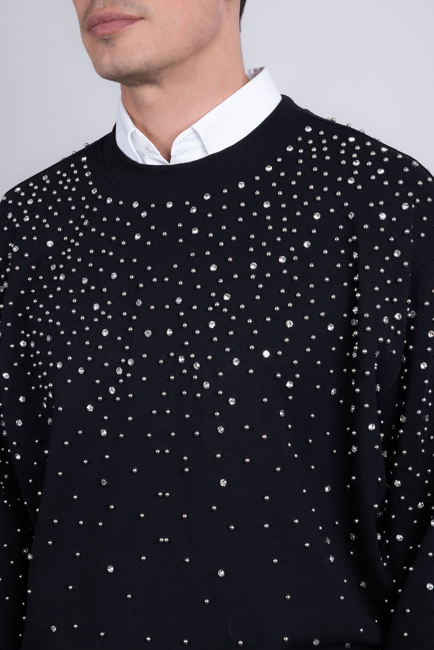 Barabas Men's Rhinestone Crew Neck Stretch Cardigan Sweater 5LSR01 Black Silver