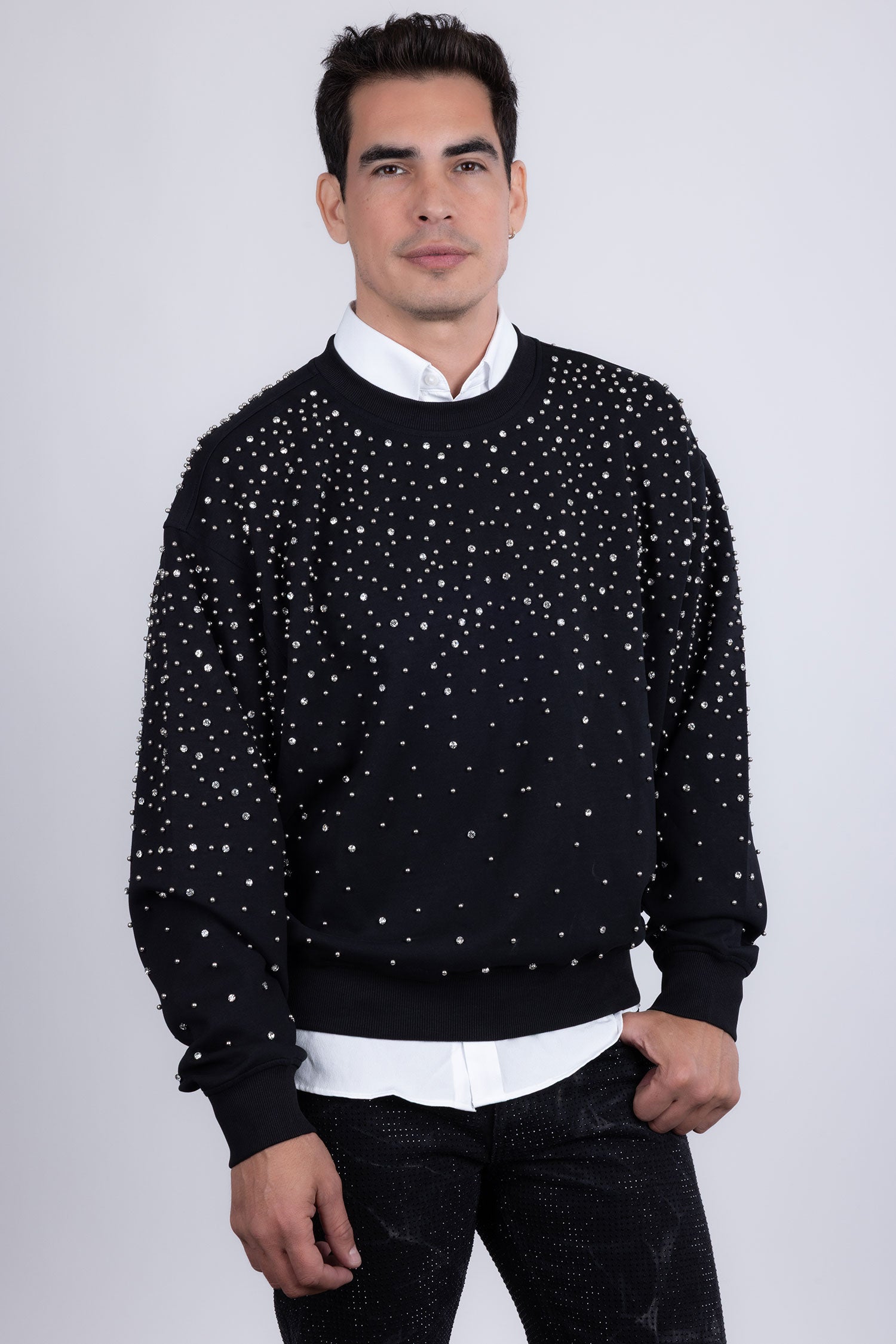 Barabas Men's Rhinestone Crew Neck Stretch Cardigan Sweater 5LSR01 Black Silver