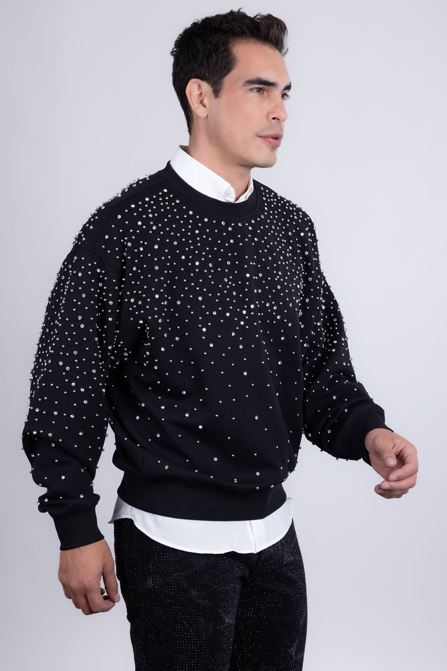 Barabas Men's Rhinestone Crew Neck Stretch Cardigan Sweater 5LSR01 Black Silver