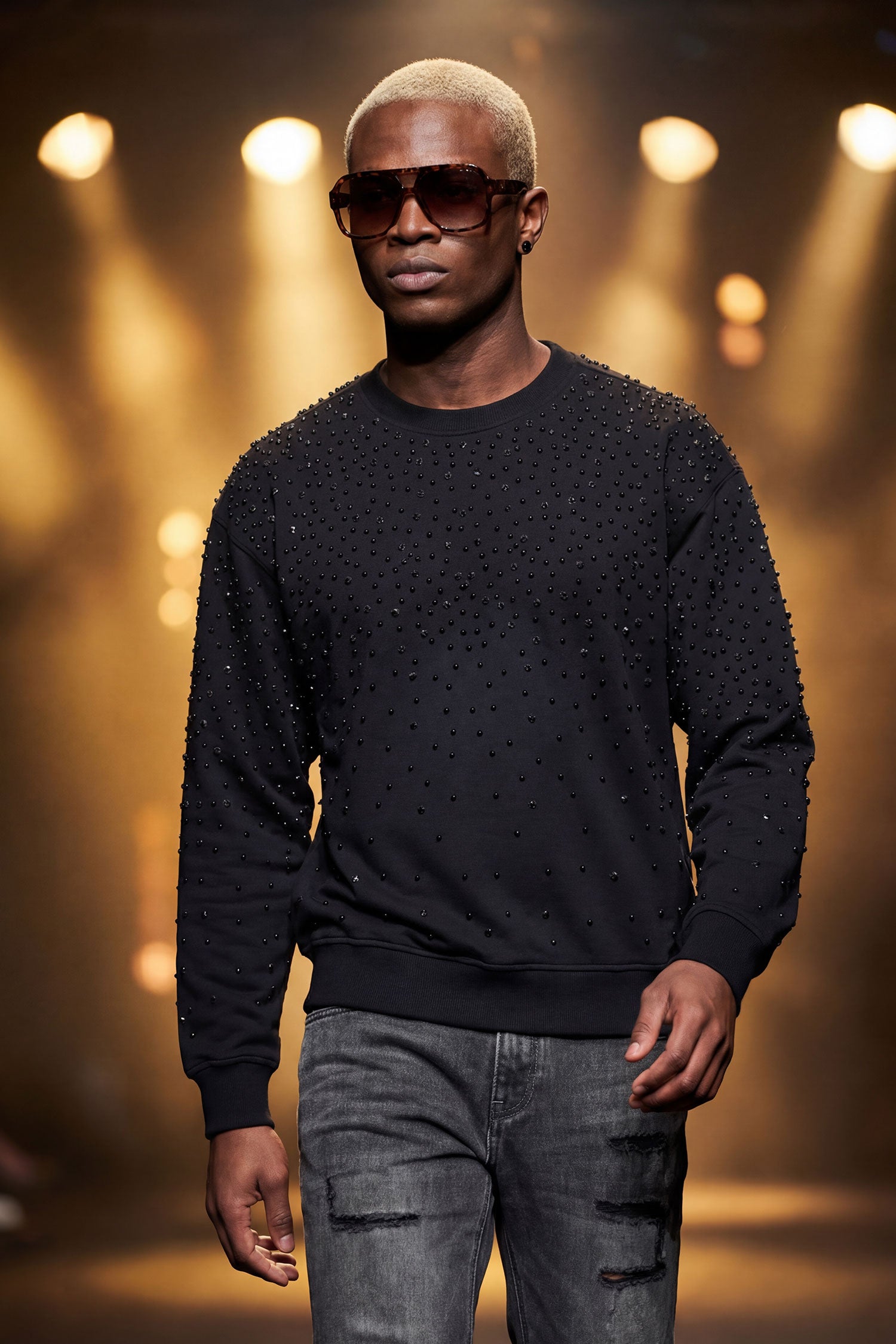 Barabas Men's Rhinestone Crew Neck Stretch Cardigan Sweater 5LSR01 Black