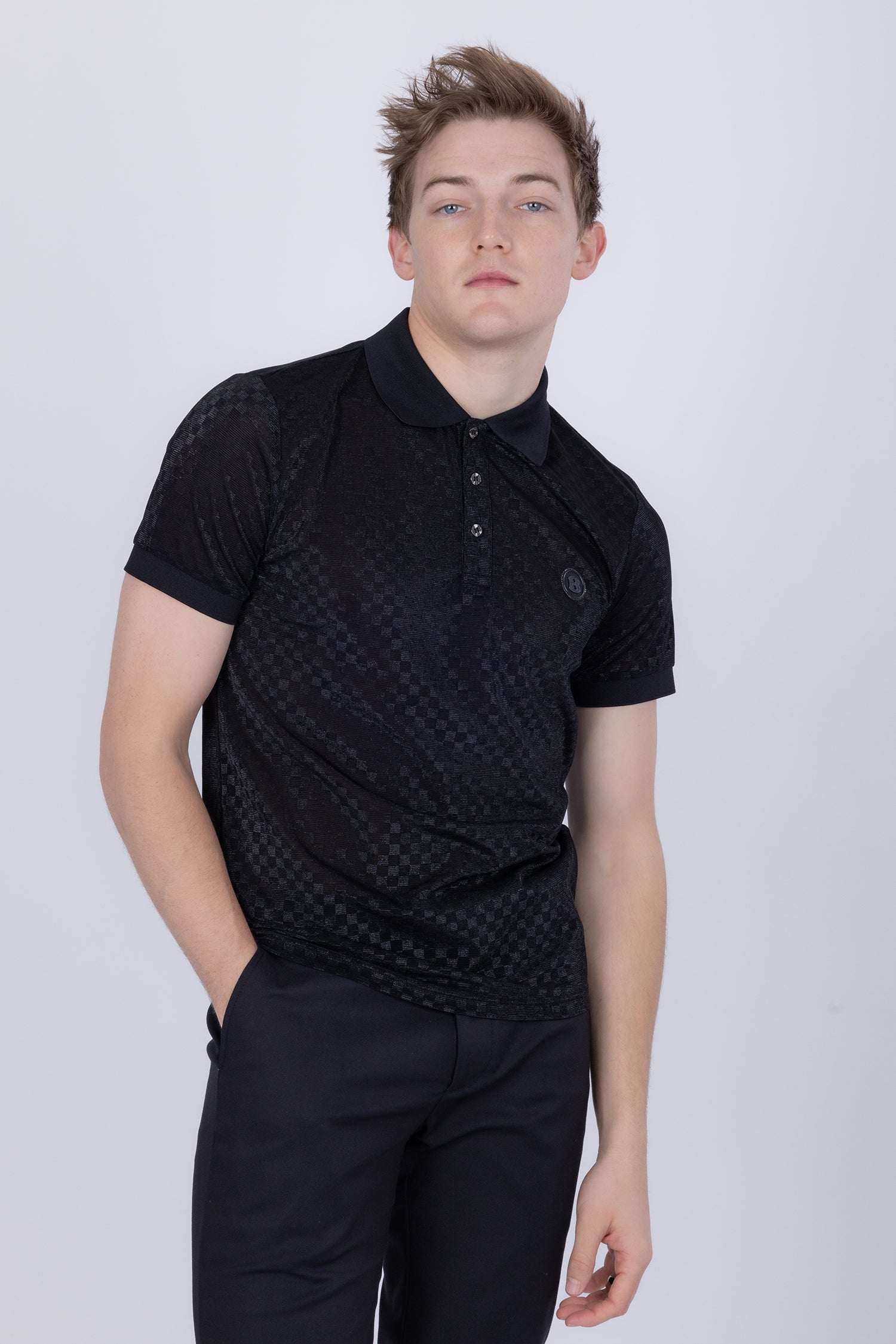 Barabas men's Checkered See Through Stretch Polo Shirts 5P02 Black