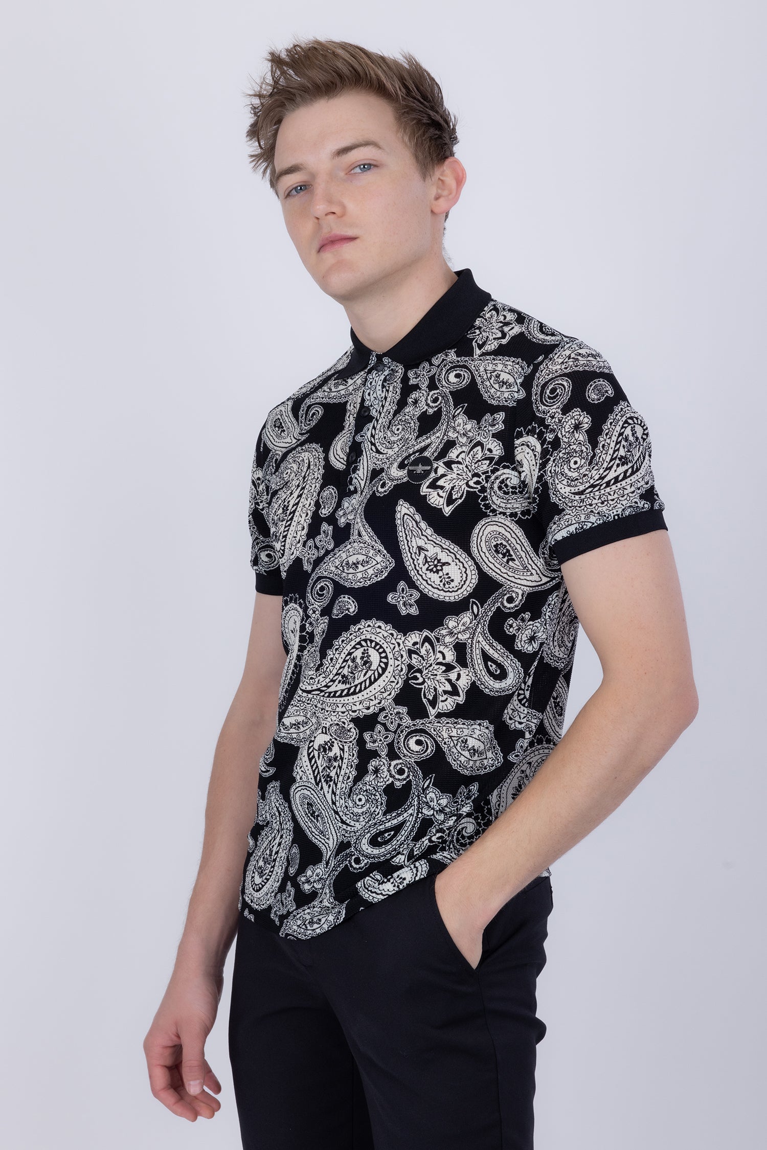 Barabas Men's Solid Color Paisley Pattern Stretch Polo Shirts 5P06 Black