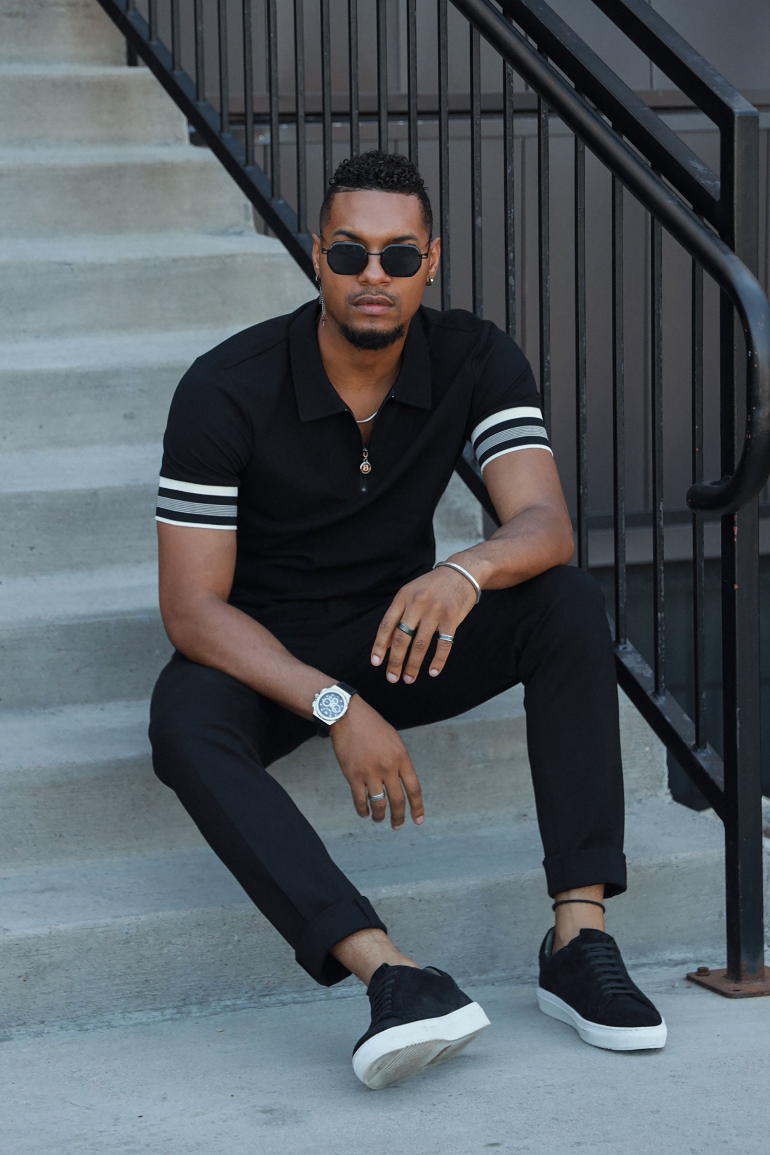 Barabas Men's Solid Geometric Linear Sleeve Stretch Polo Shirts 5P09 Black 