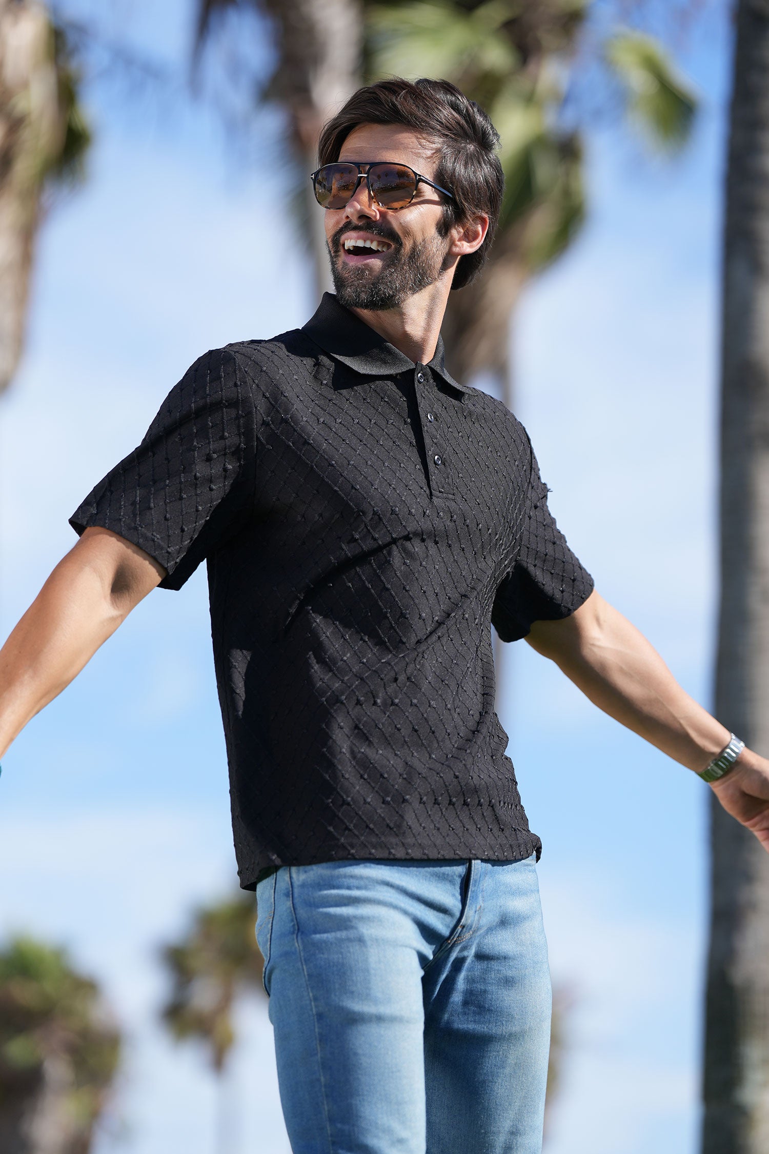 Barabas Men's Solid Color Diamond Premium Stretch Polo Shirts 5P11 Black