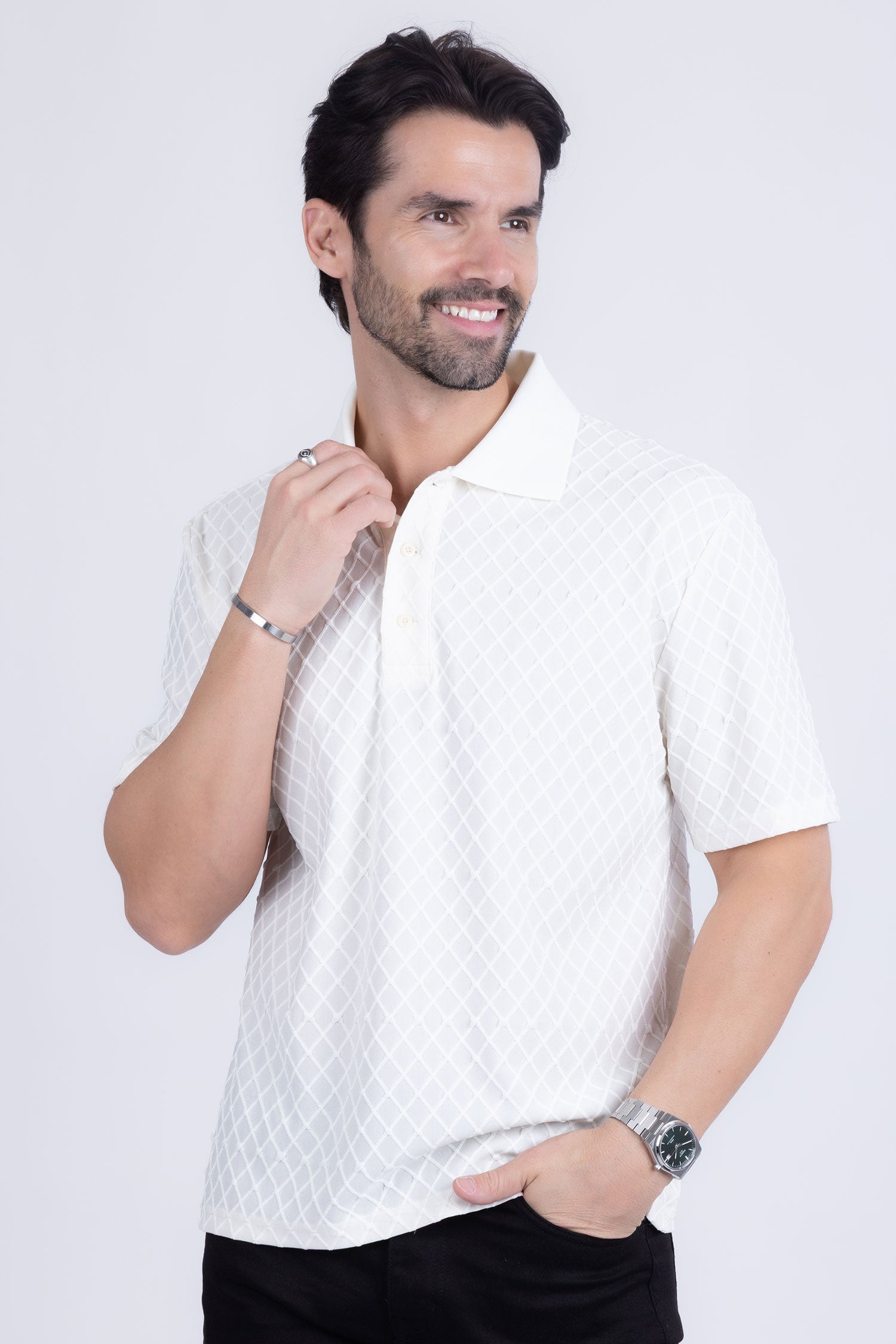 Barabas Men's Solid Color Diamond Premium Stretch Polo Shirts 5P11 Bone