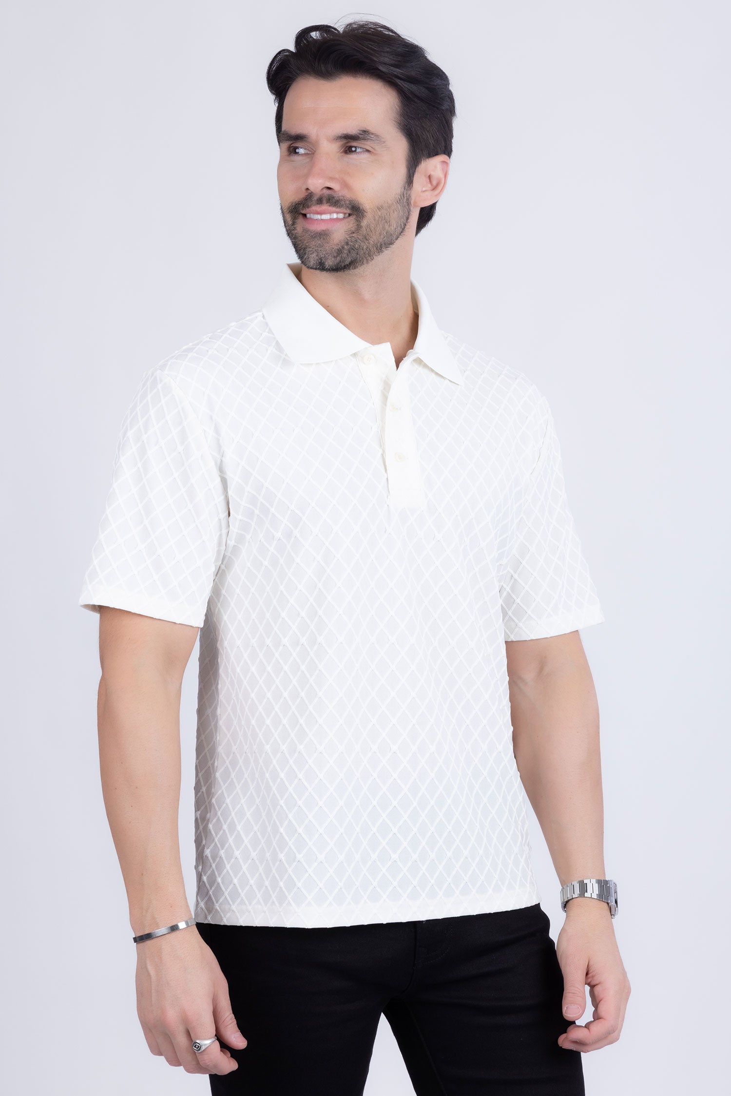 Barabas Men's Solid Color Diamond Premium Stretch Polo Shirts 5P11 White