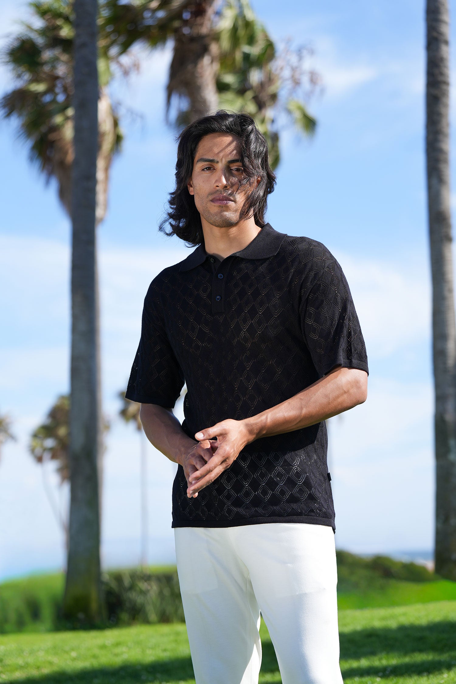 Barabas Men's Geometric Premium Stretch See Through Polo Shirts 5P12 Black