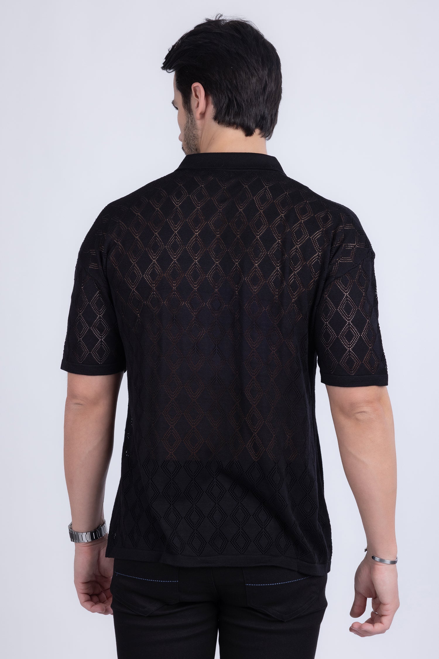 Barabas Men's Geometric Premium Stretch See Through Polo Shirts 5P12 Black