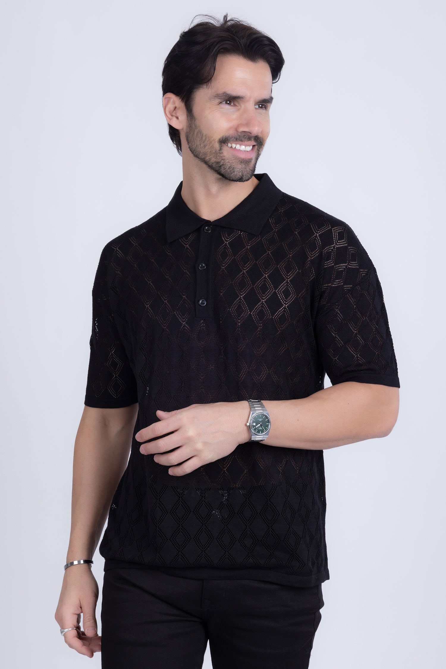 Barabas Men's Geometric Premium Stretch See Through Polo Shirts 5P12 Black