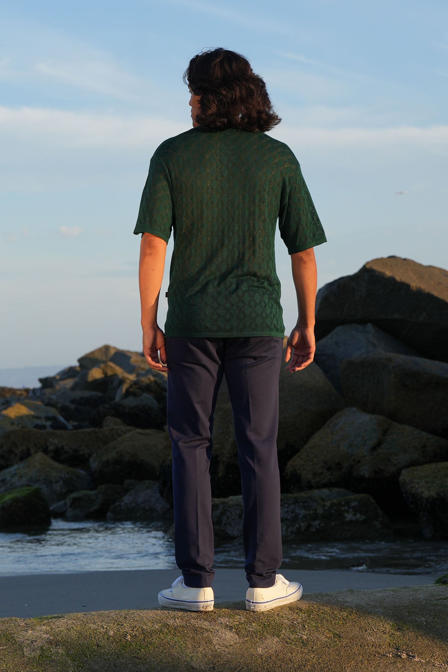 Barabas Men's Geometric Premium Stretch See Through Polo Shirts 5P12 green