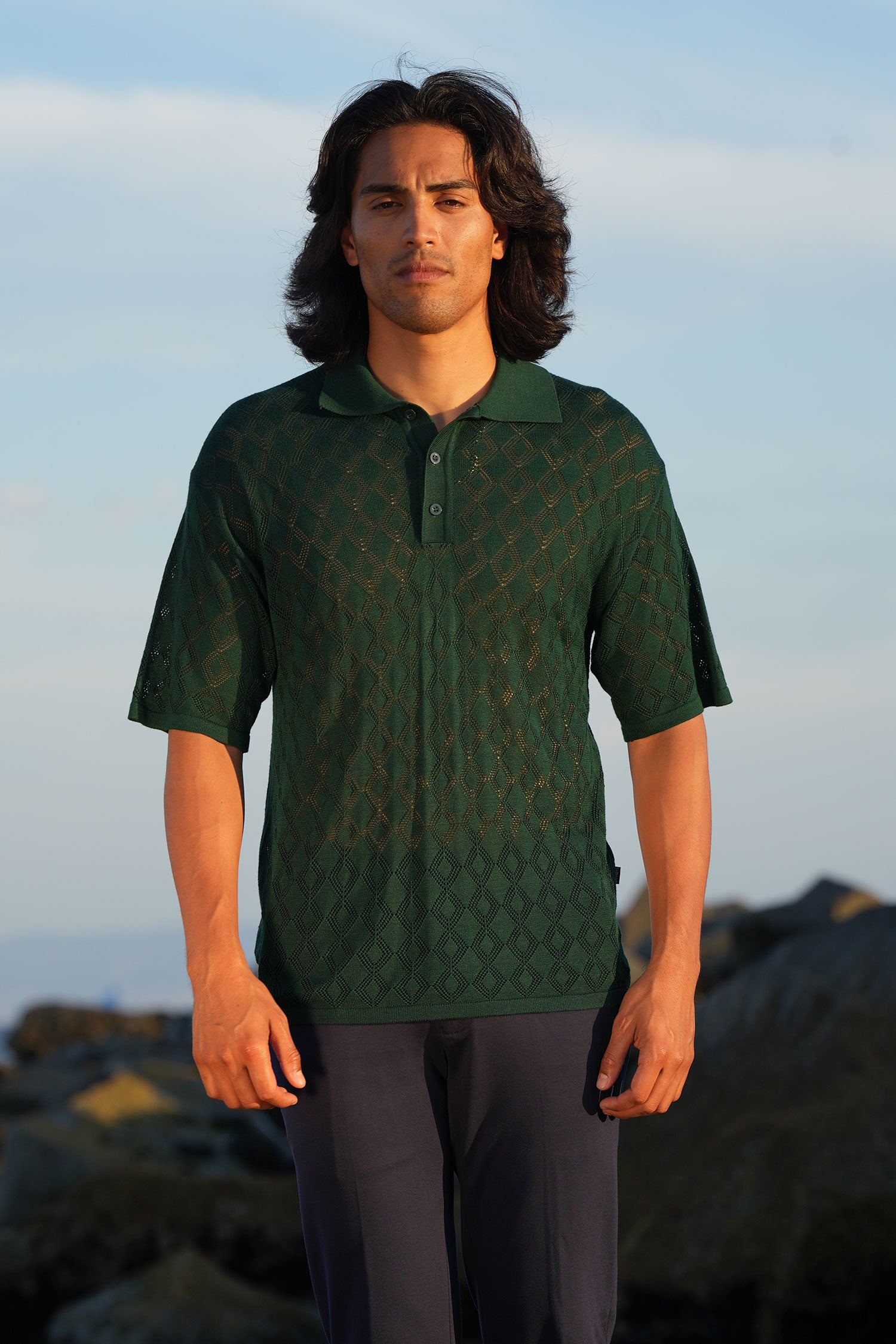 Barabas Men's Geometric Premium Stretch See Through Polo Shirts 5P12 Green
