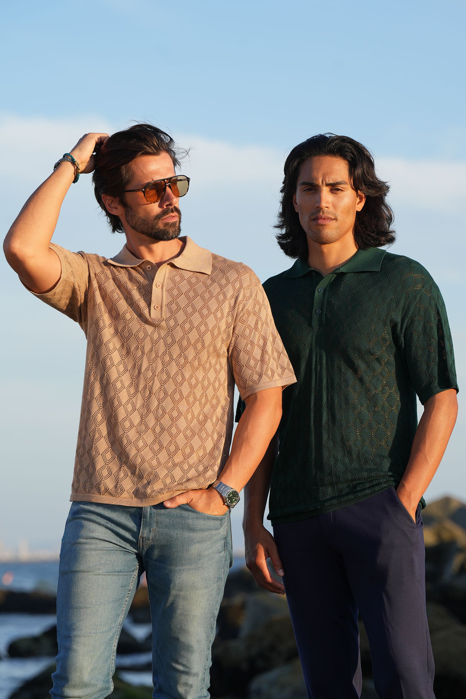 Barabas Men's Geometric Premium Stretch See Through Polo Shirts 5P12 Green Brown