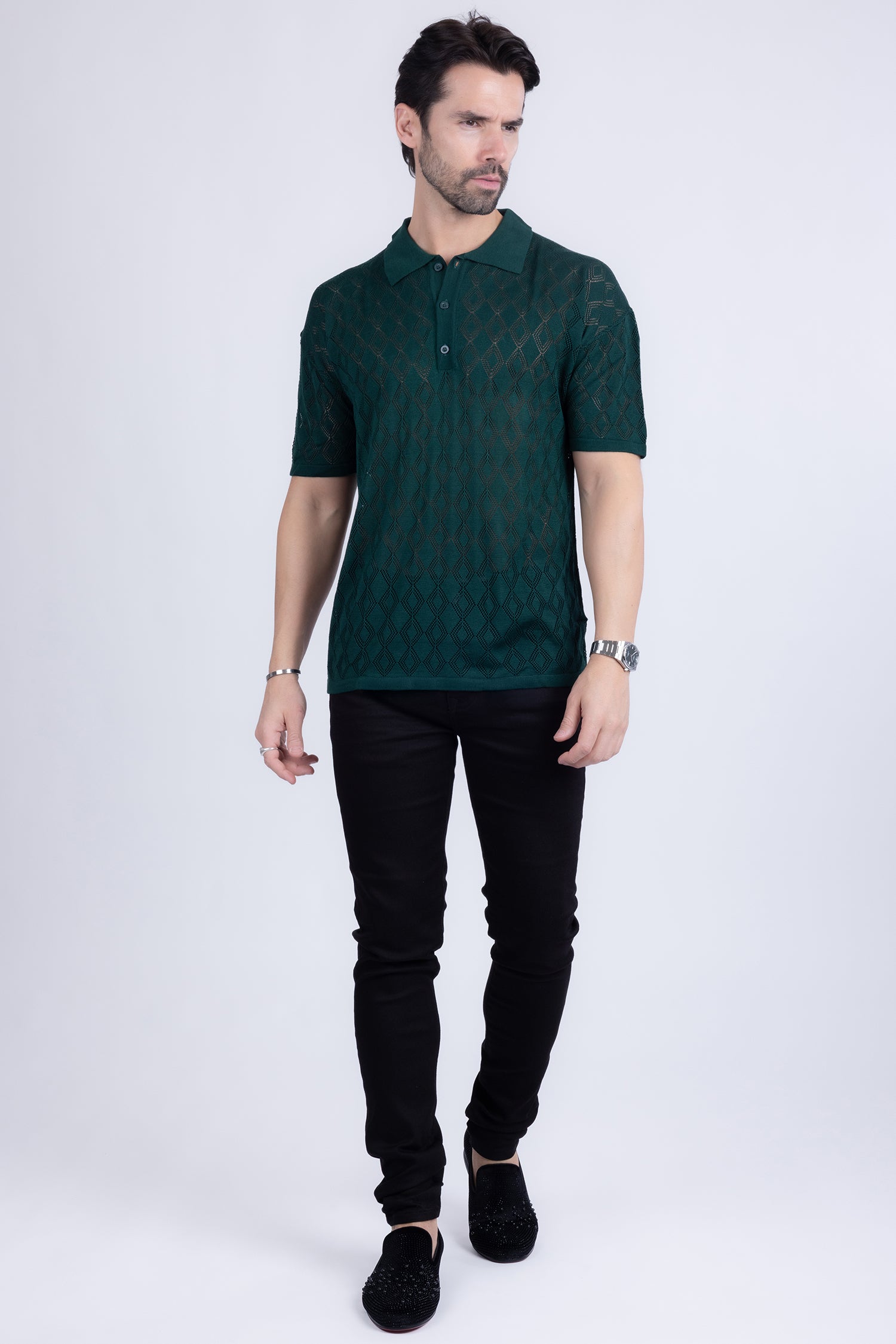 Barabas Men's Geometric Premium Stretch See Through Polo Shirts 5P12 Green