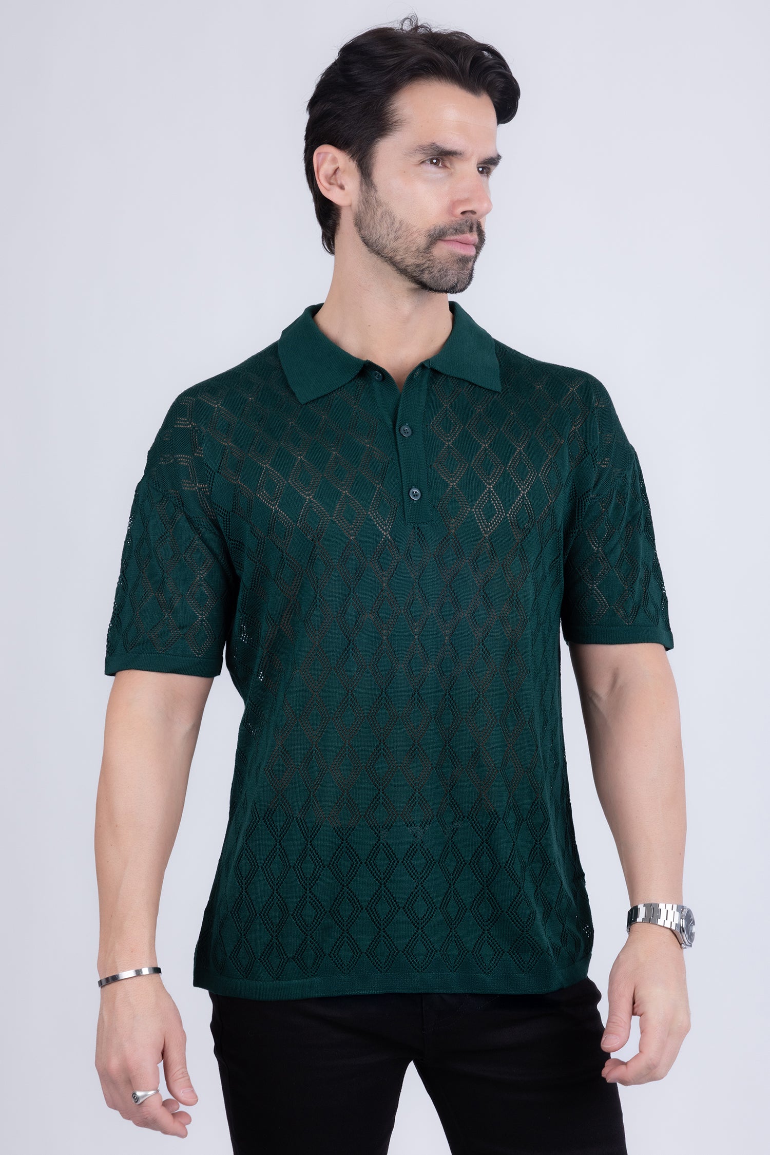 Barabas Men's Geometric Premium Stretch See Through Polo Shirts 5P12 Green