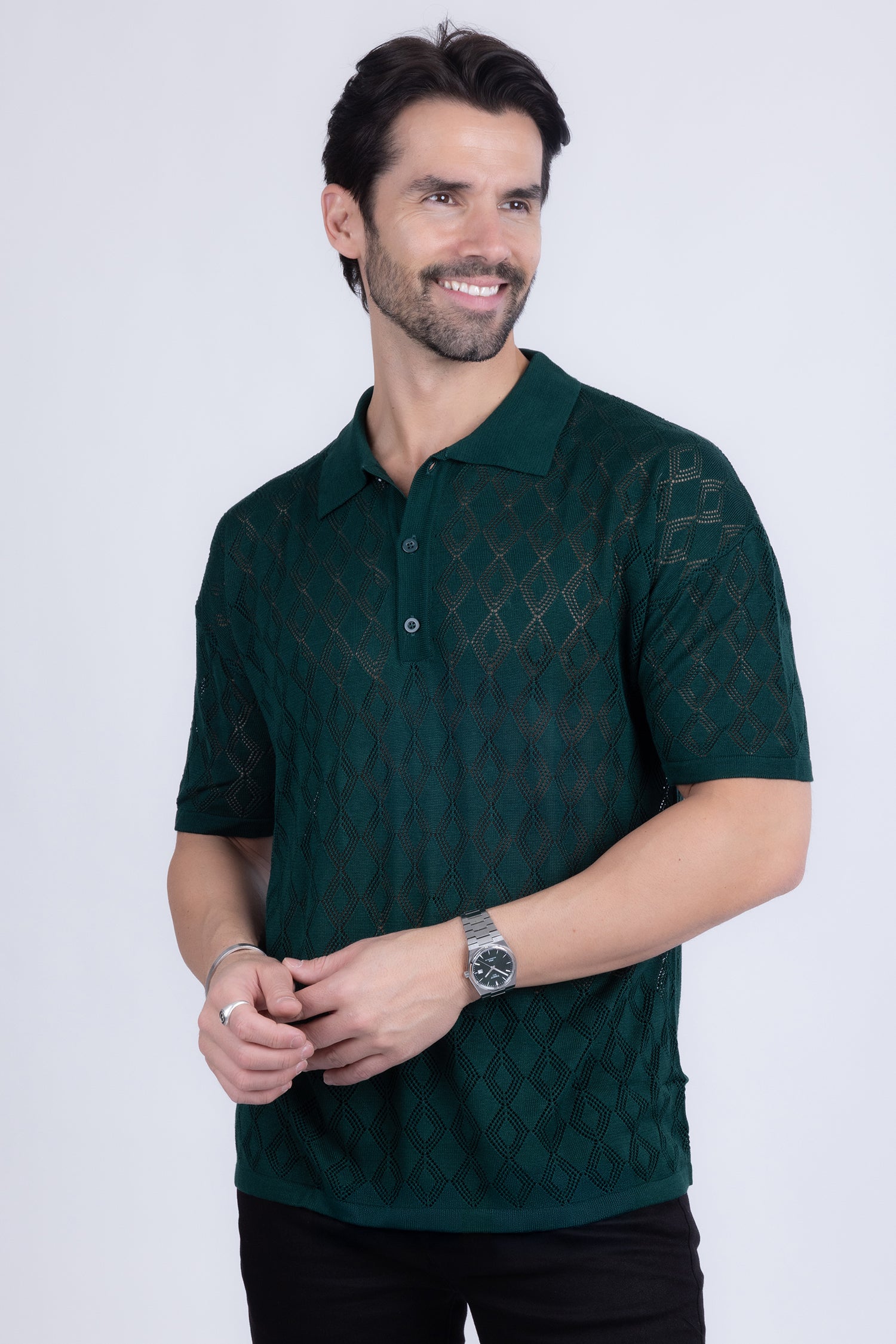 Barabas Men's Geometric Premium Stretch See Through Polo Shirts 5P12 Emerald