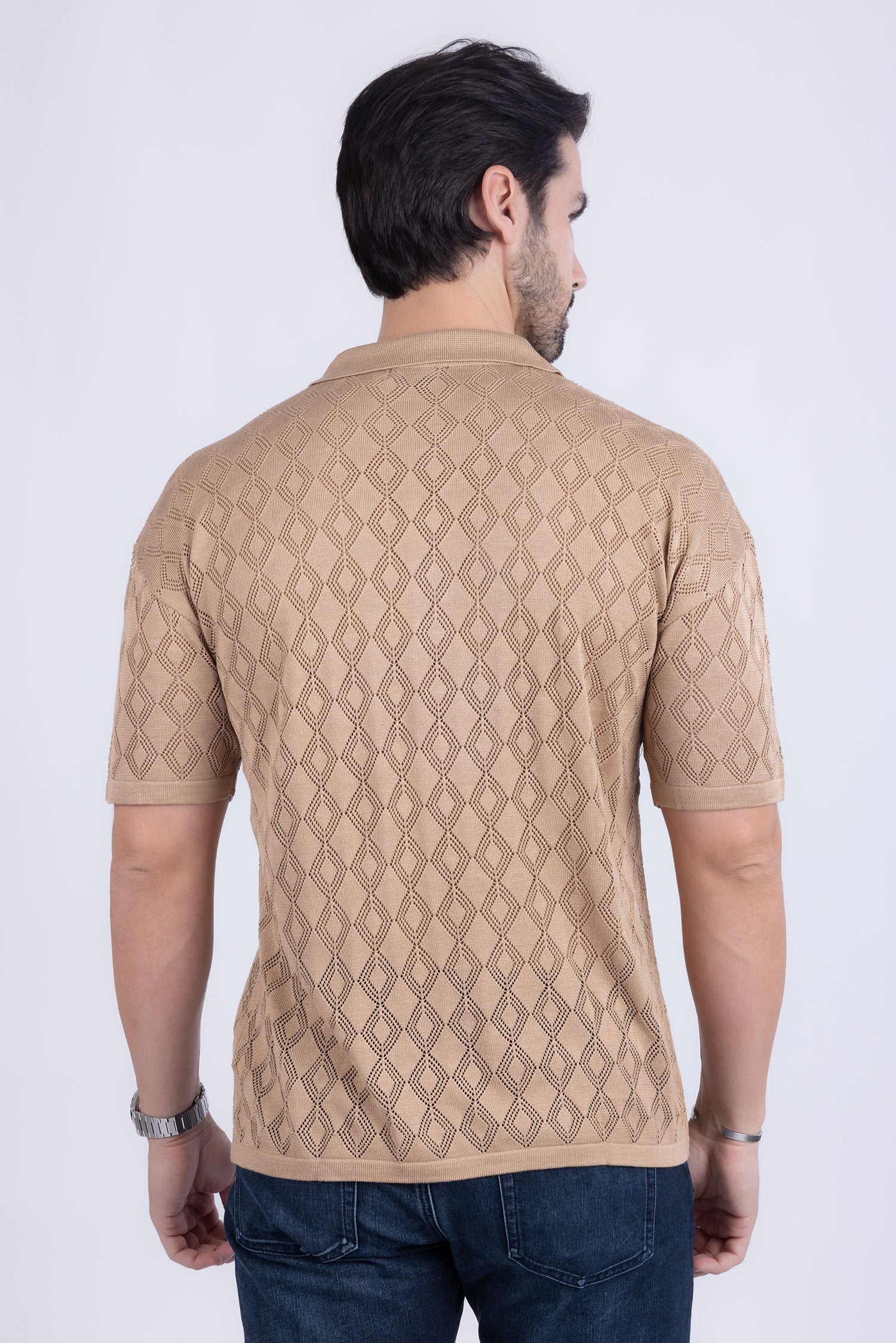 Barabas Men's Geometric Premium Stretch See Through Polo Shirts 5P12 Mocha