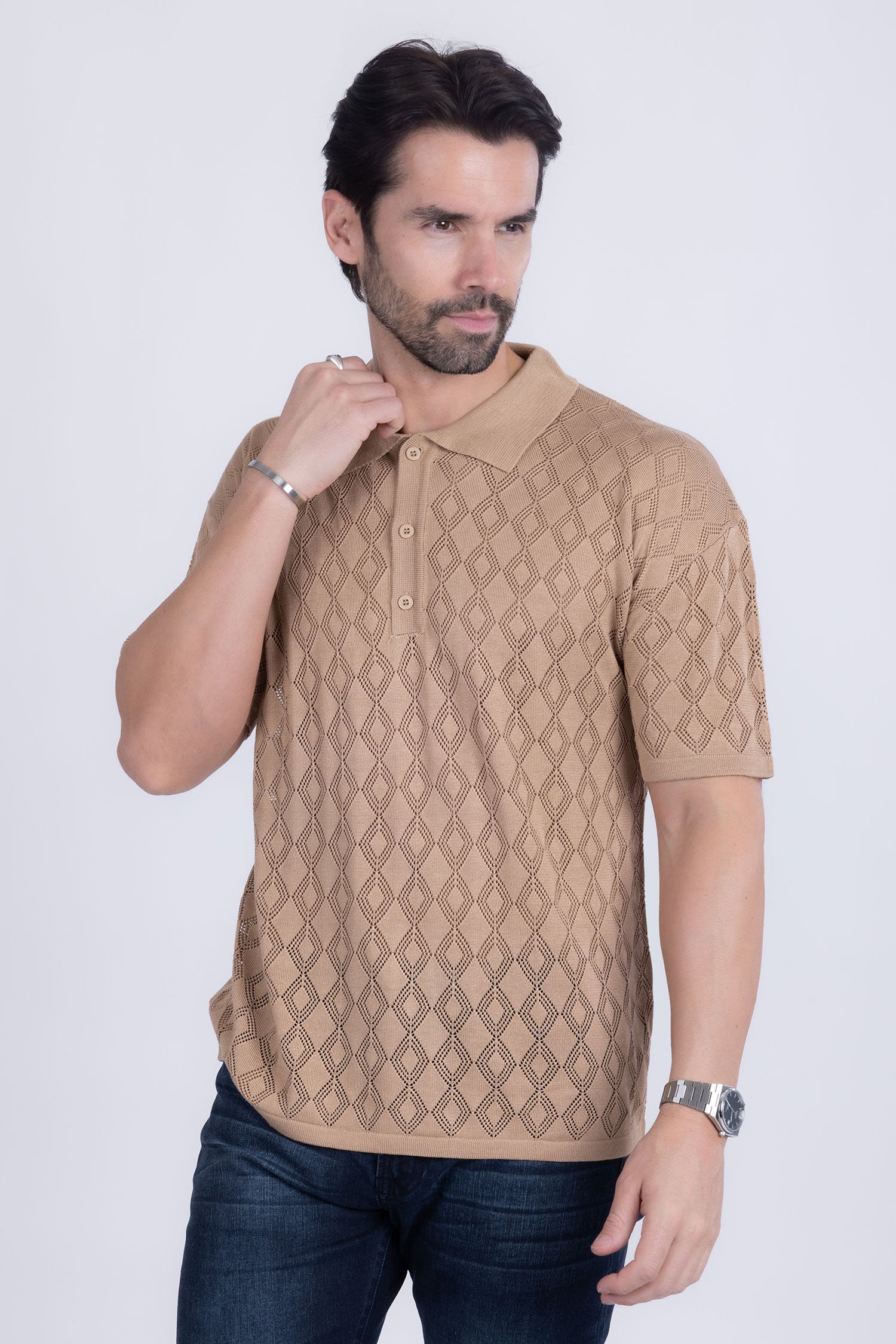 Barabas Men's Geometric Premium Stretch See Through Polo Shirts 5P12 Brown
