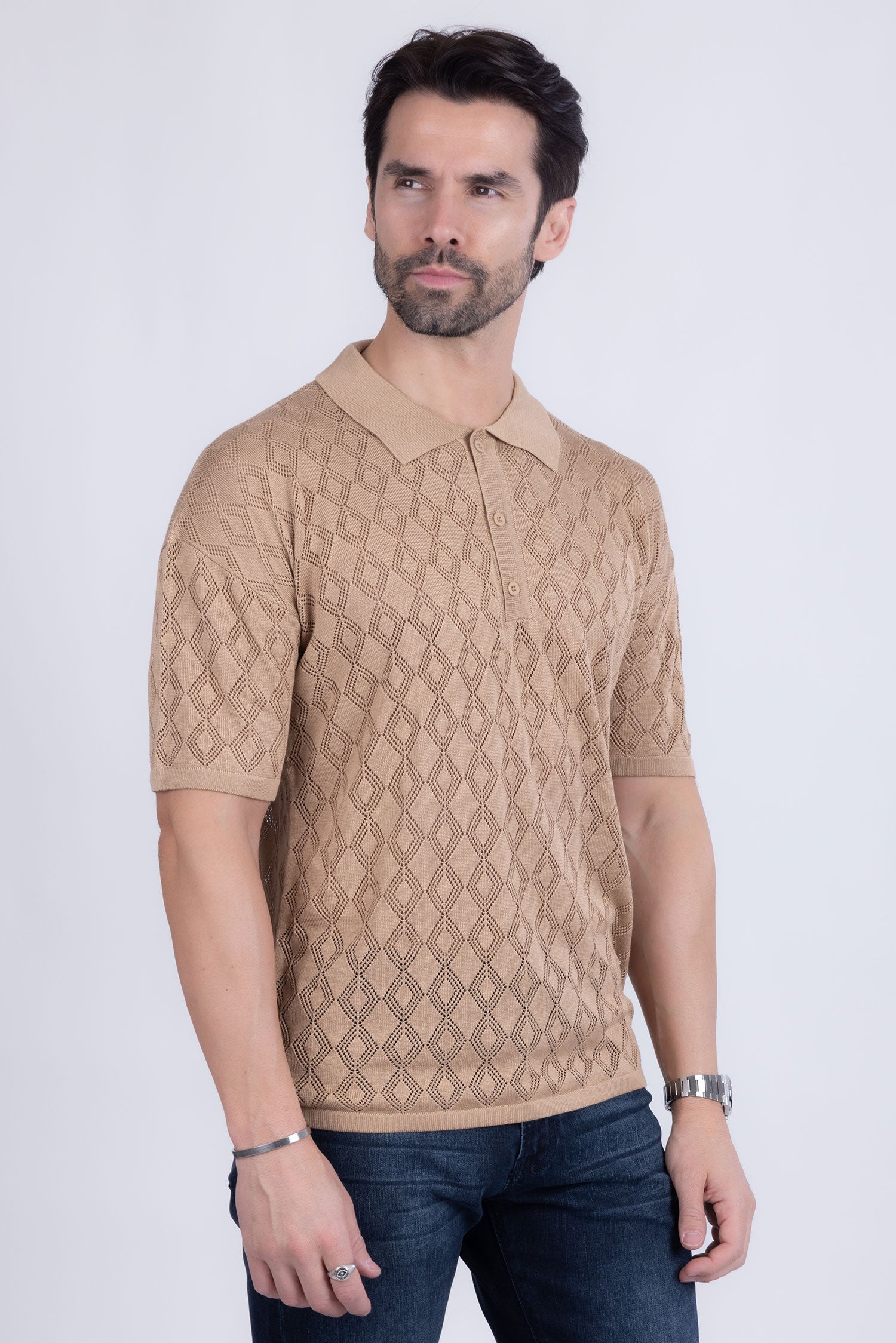 Barabas Men's Geometric Premium Stretch See Through Polo Shirts 5P12 Camel