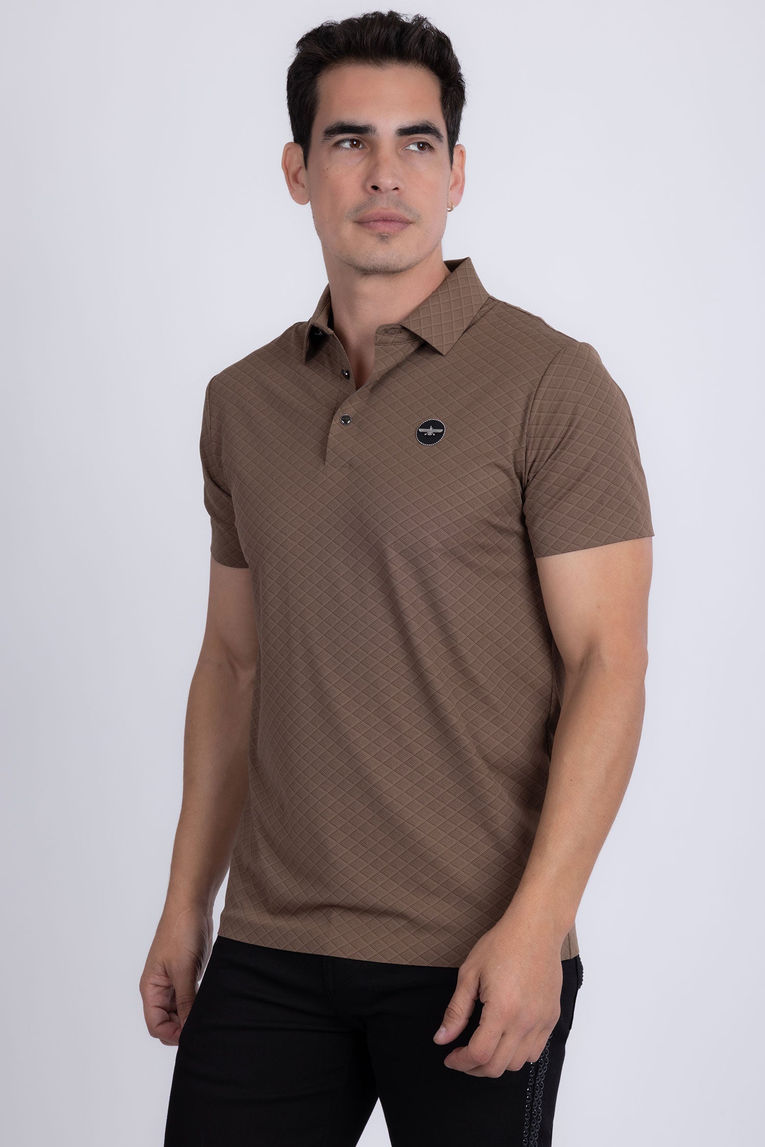 Barabas Men's Solid Geometric Short Sleeve Stretch Polo Shirts 5P16 Brown