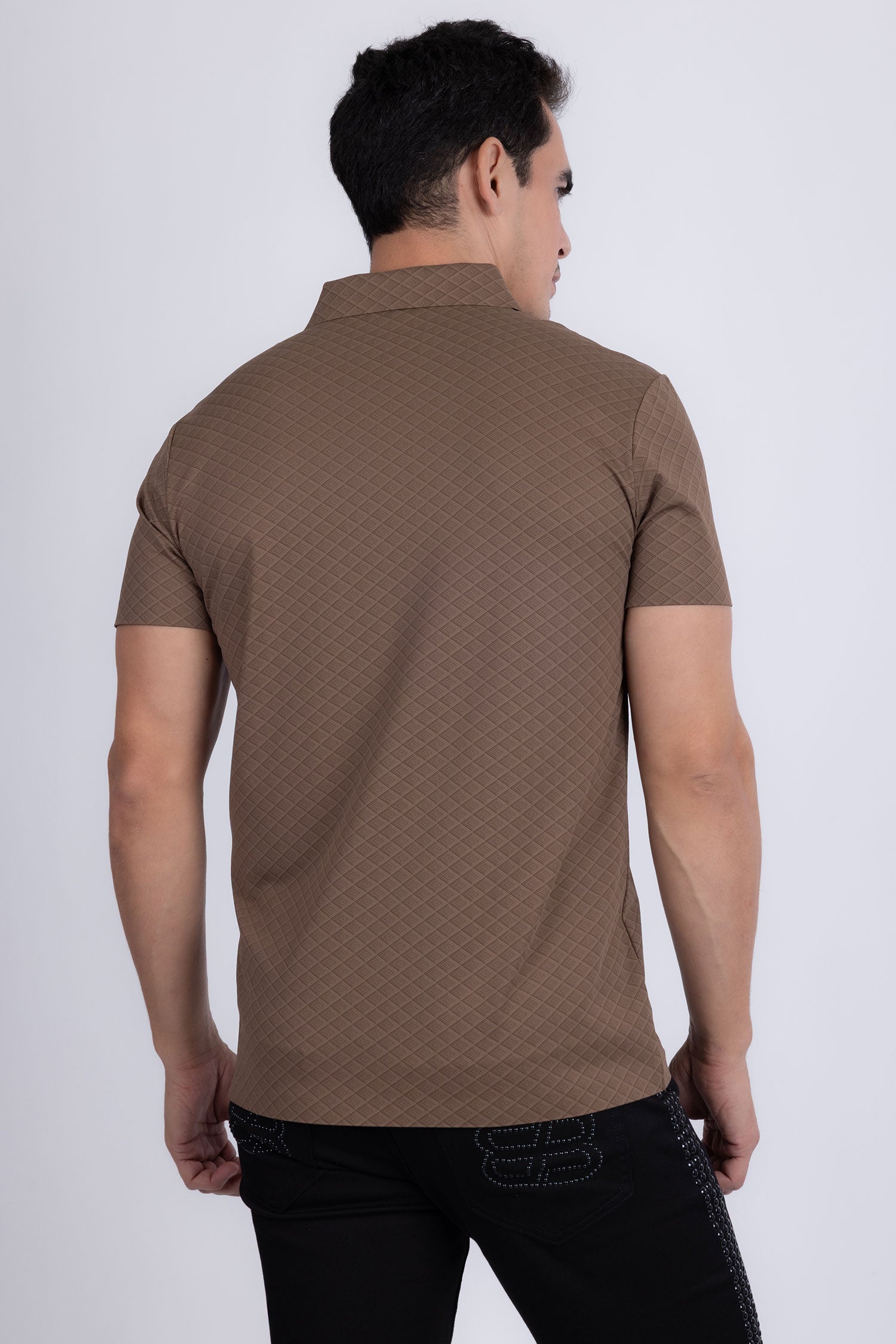 Barabas Men's Solid Geometric Short Sleeve Stretch Polo Shirts 5P16 Brown