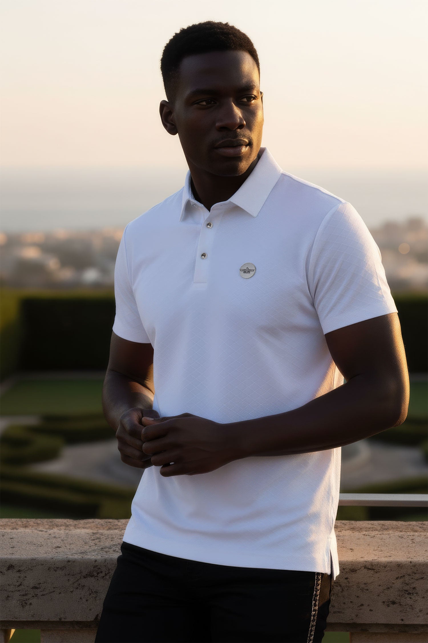 Barabas Men's Solid Geometric Short Sleeve Stretch Polo Shirts 5P16 White