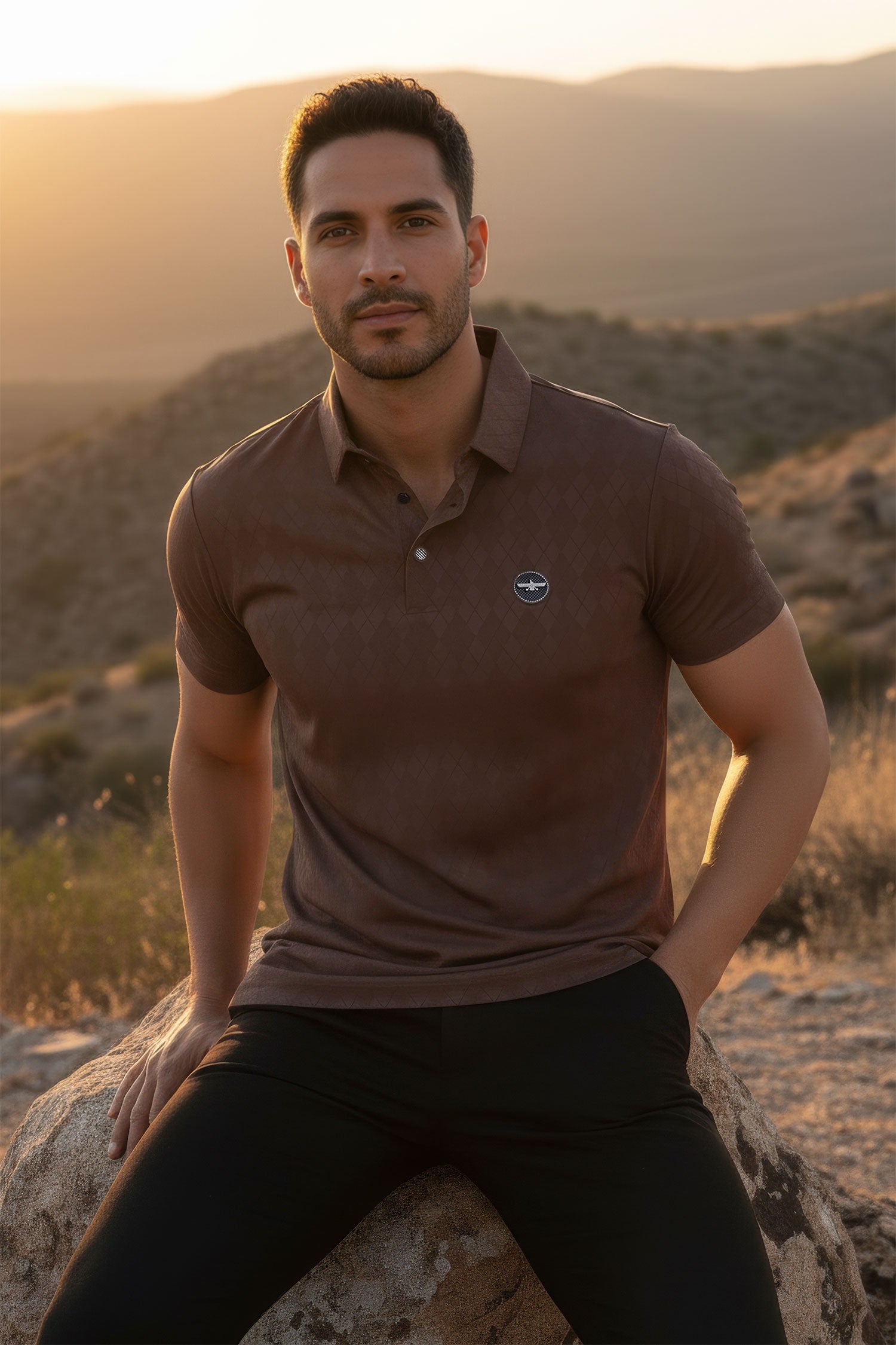 Barabas Men's Solid Diamond Short Sleeve Stretch Polo Shirts 5P18 Coffee