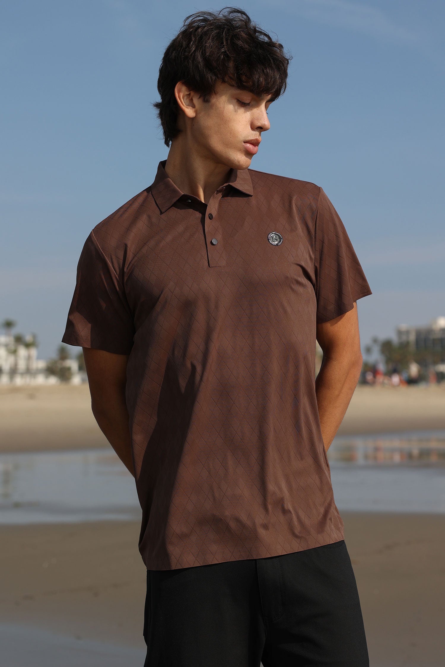 Barabas Men's Solid Diamond Short Sleeve Stretch Polo Shirts 5P18 Coffee