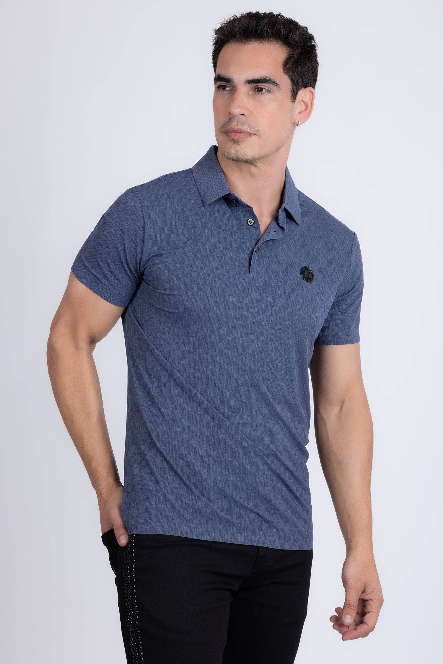 Barabas Men's Solid Greek Key Short Sleeve Stretch Polo Shirts 5P21 Blue